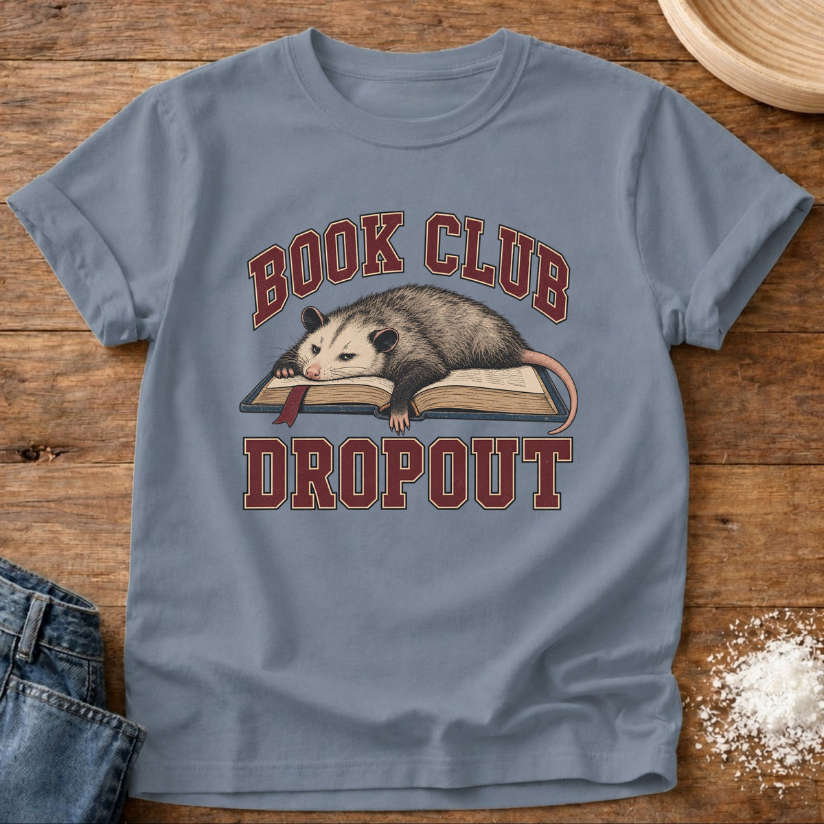 Knead More Fun Book Club Dropout graphic t-shirt in Blue Jean