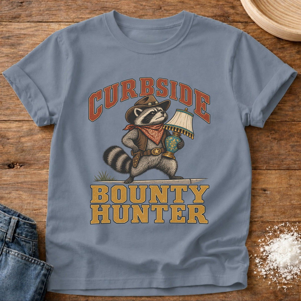 Knead More Fun Curbside Bounty Hunter graphic t-shirt in Blue Jean