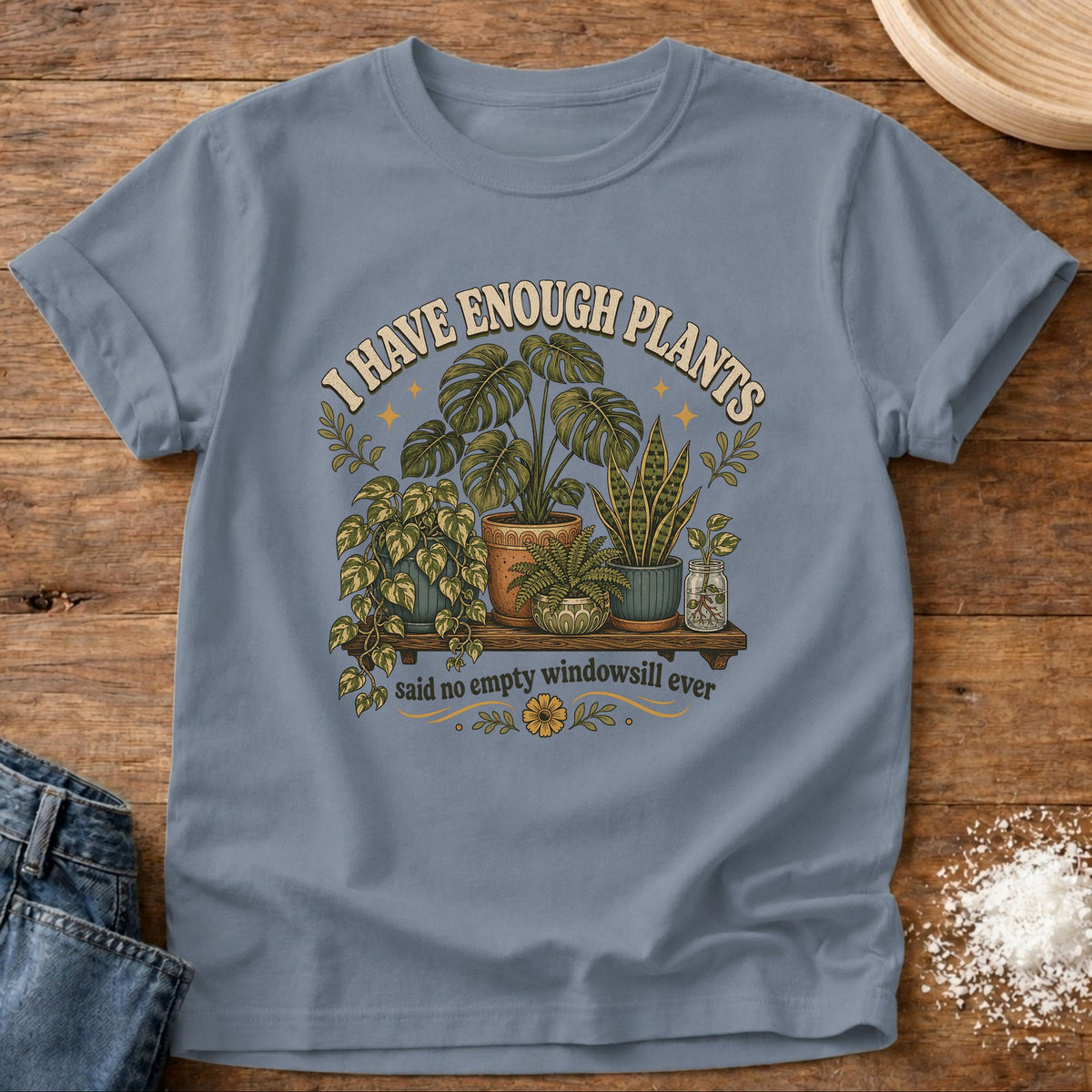 Knead More Fun Enough Plants graphic t-shirt in Blue Jean