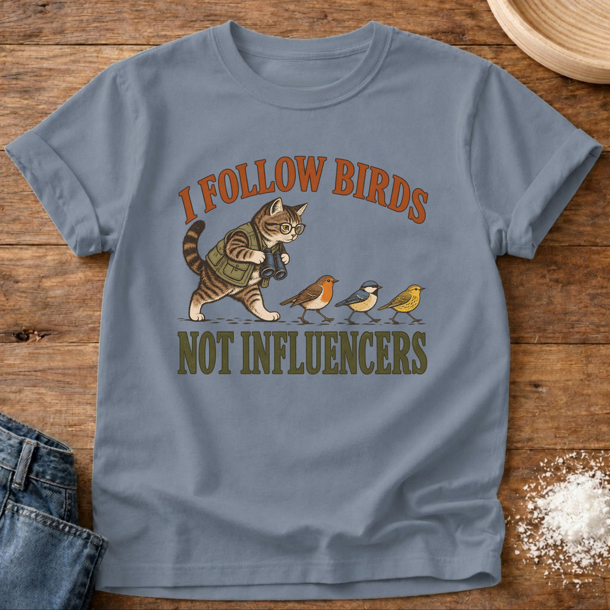 Knead More Fun Follow Birds graphic t-shirt in Blue Jean