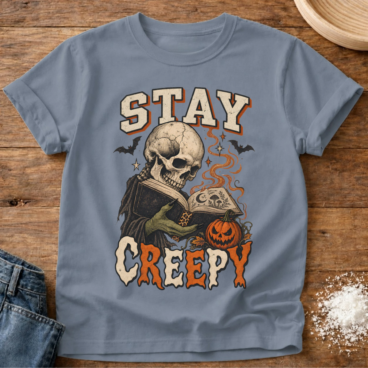 Knead More Fun Bookish Stay Creepy Halloween t-shirt in Blue Jean