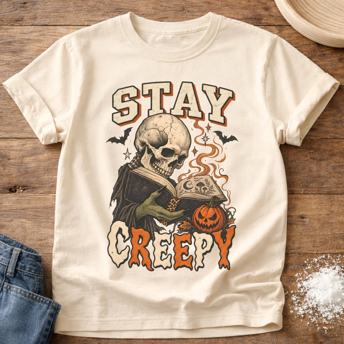 Knead More Fun Bookish Stay Creepy Halloween t-shirt in Ivory