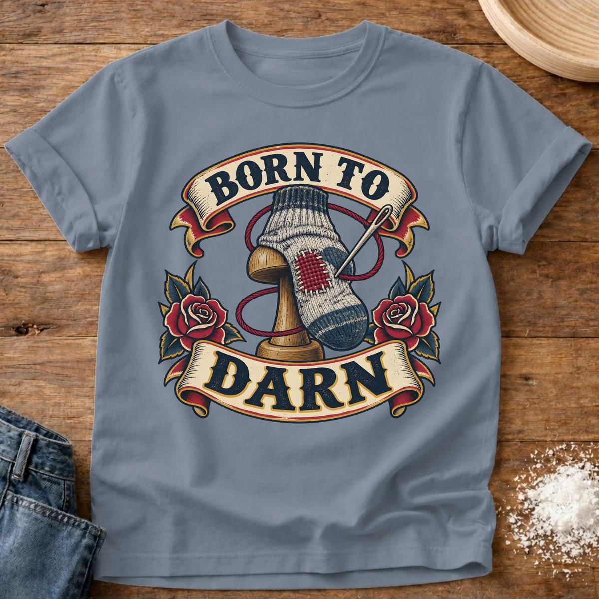 Knead More Fun Born To Darn t-shirt in Blue Jean