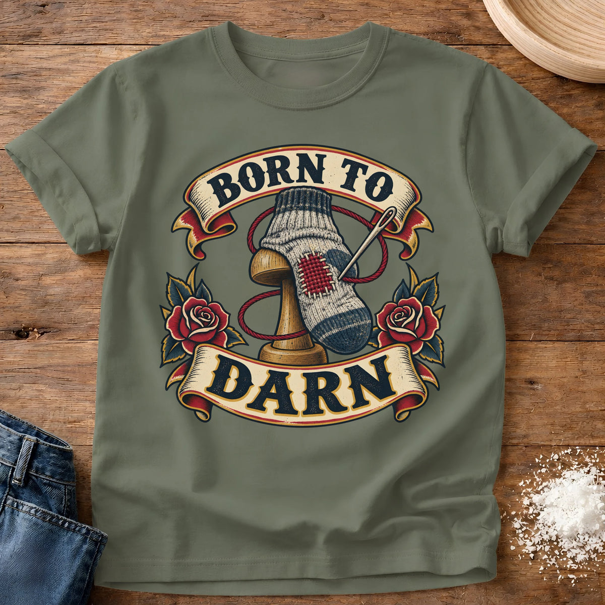Knead More Fun Born To Darn t-shirt in Moss