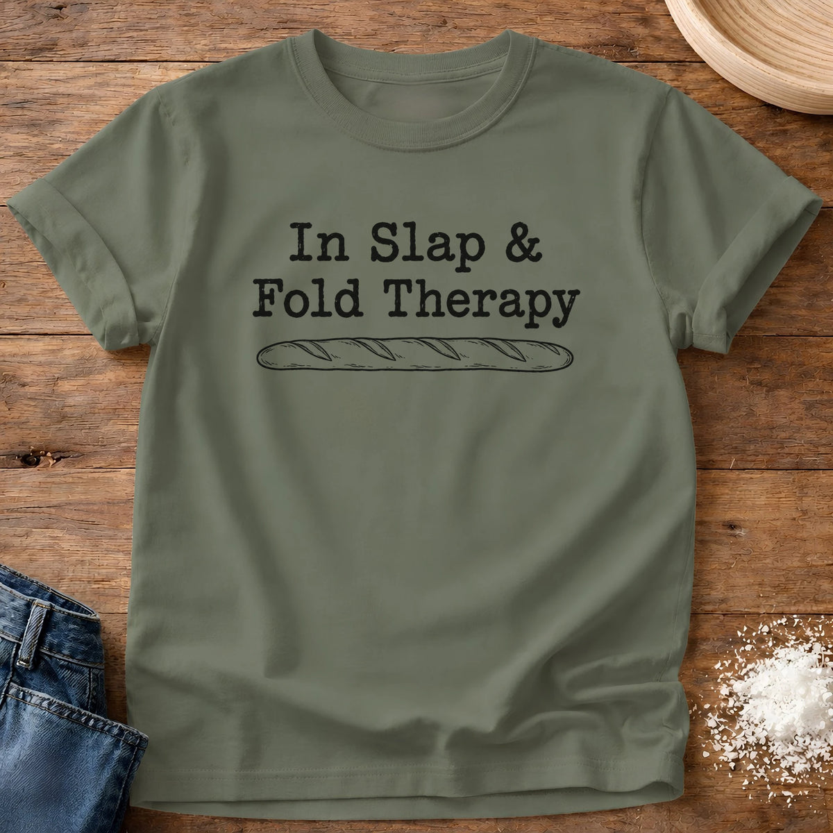 Knead More Fun Bread Therapy graphic t-shirt in Moss
