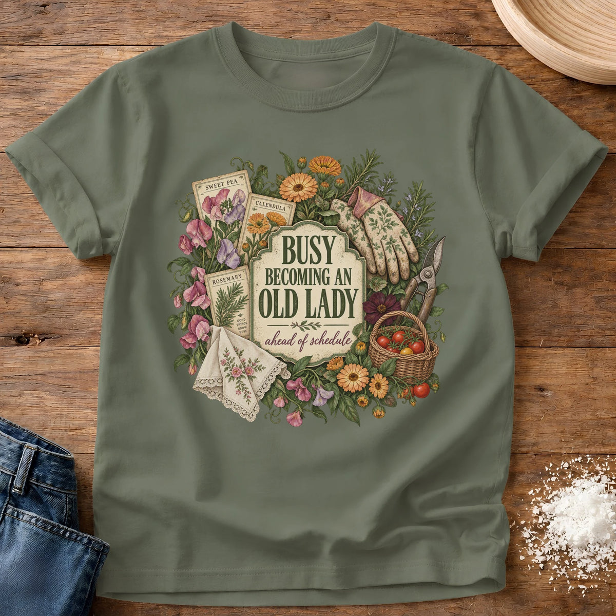 Knead More Fun Busy Becoming graphic t-shirt in Moss