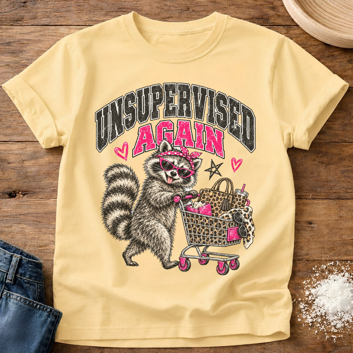 Knead More Fun Unsupervised Thrifting Raccoon t-shirt in Butter