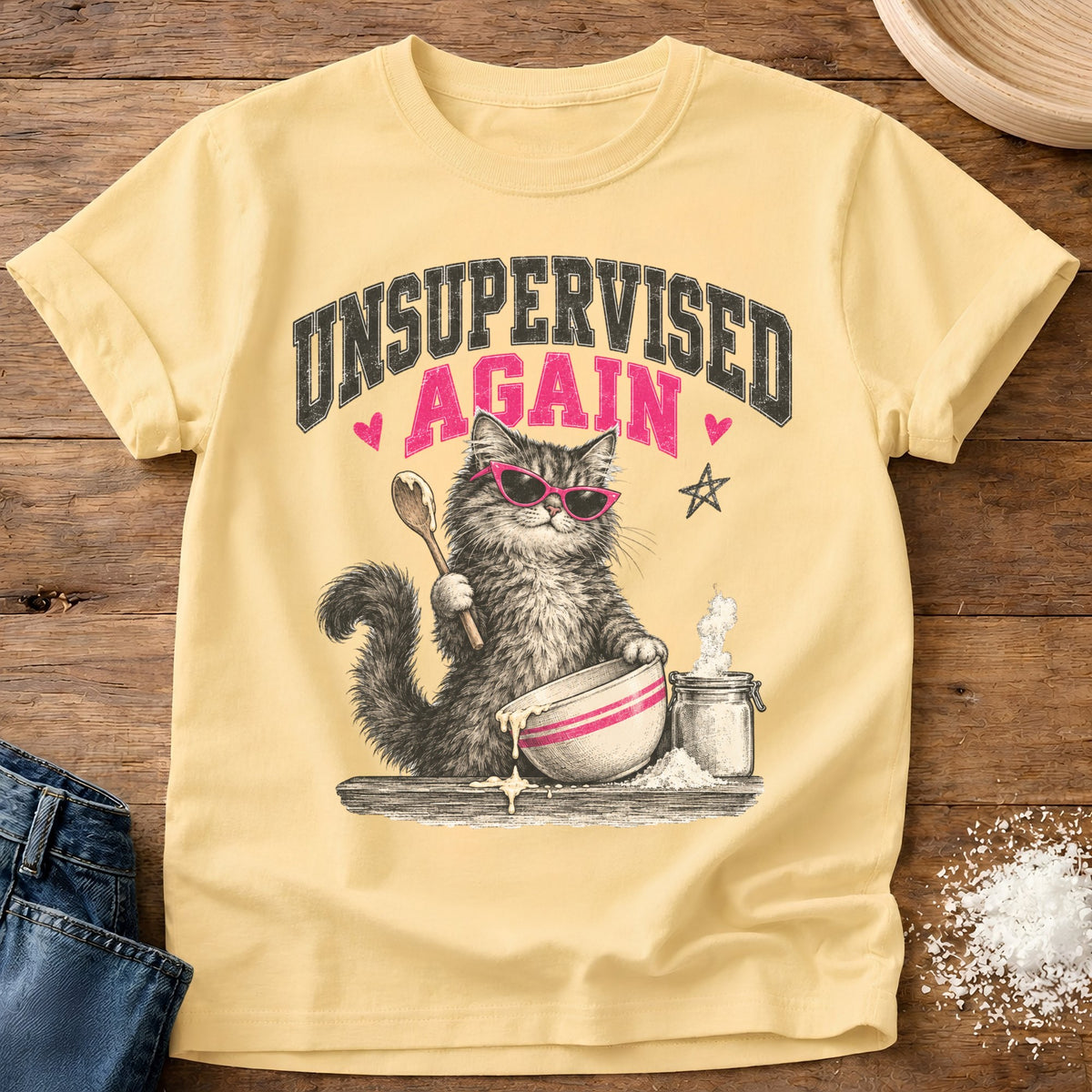 Knead More Fun Unsupervised Baking Cat t-shirt in Butter