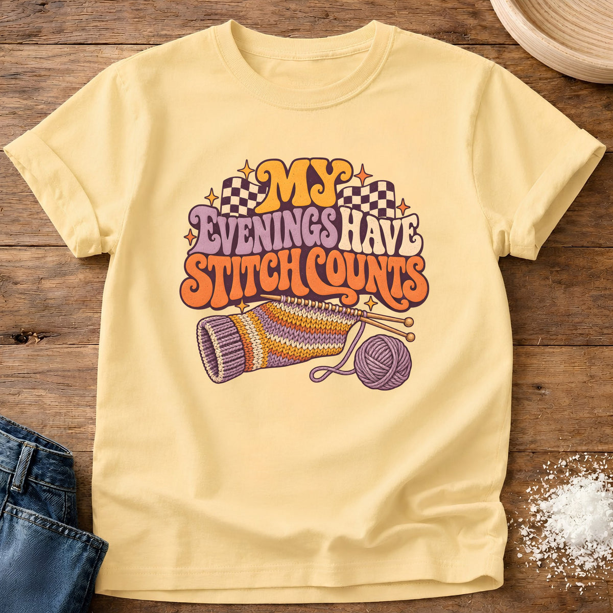 Knead More Fun Stitch Count Evenings graphic t-shirt in Butter