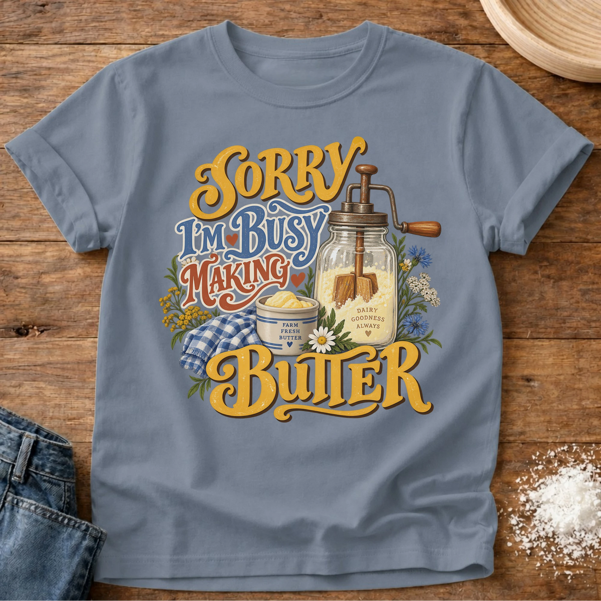 Knead More Fun Butter Maker butter making t-shirt in Blue Jean