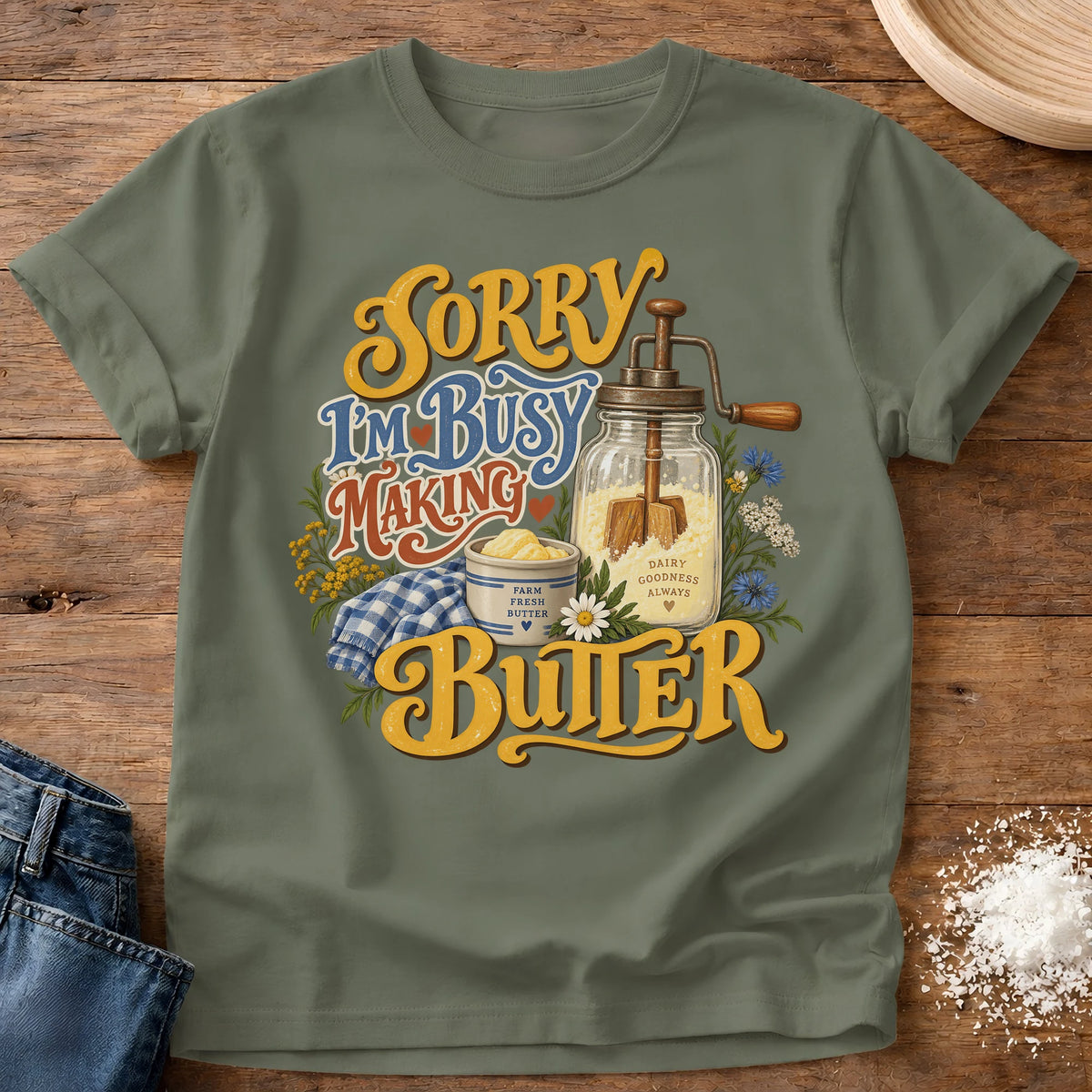 Knead More Fun Butter Maker butter making t-shirt in Moss