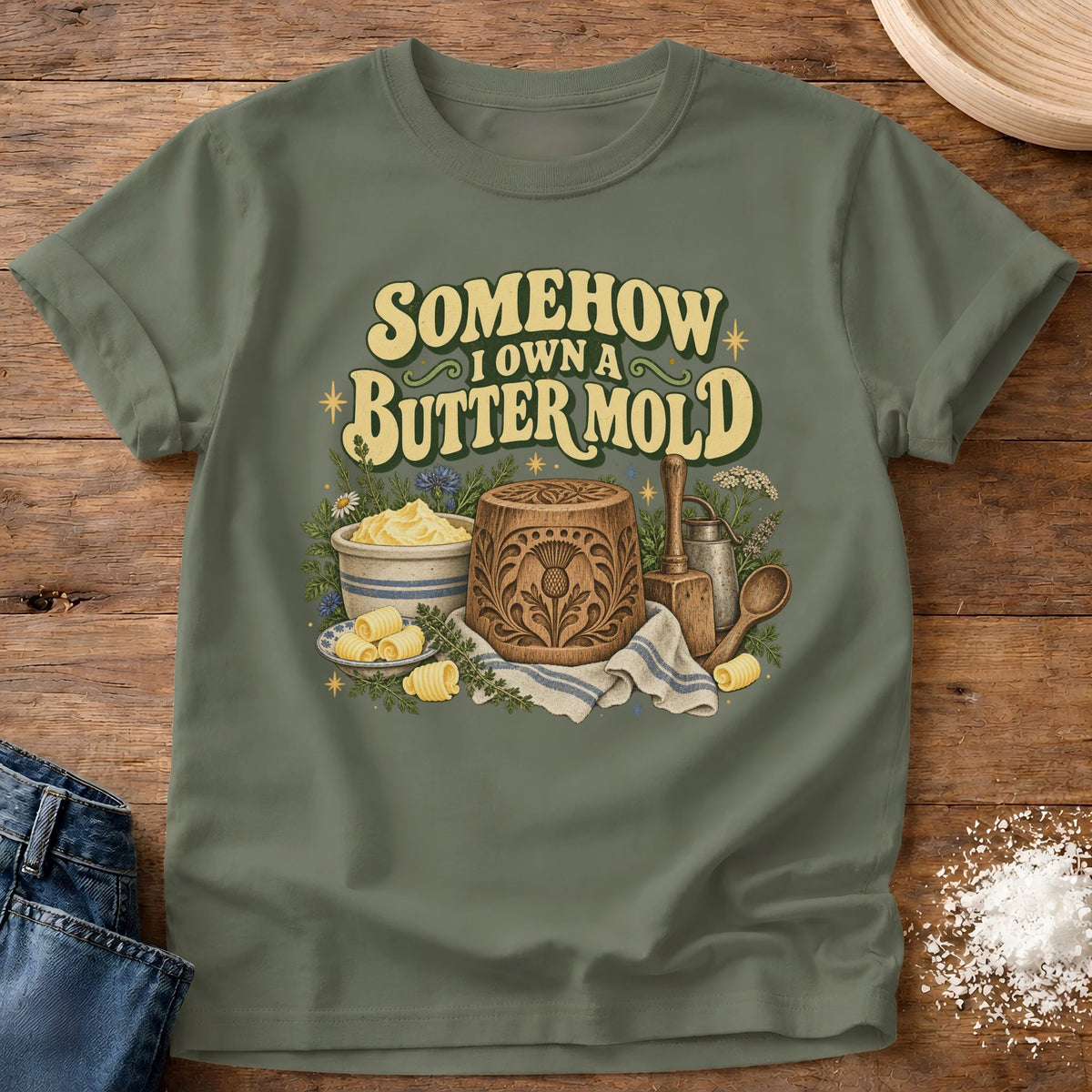 Knead More Fun Butter Mold Owner graphic t-shirt in Moss