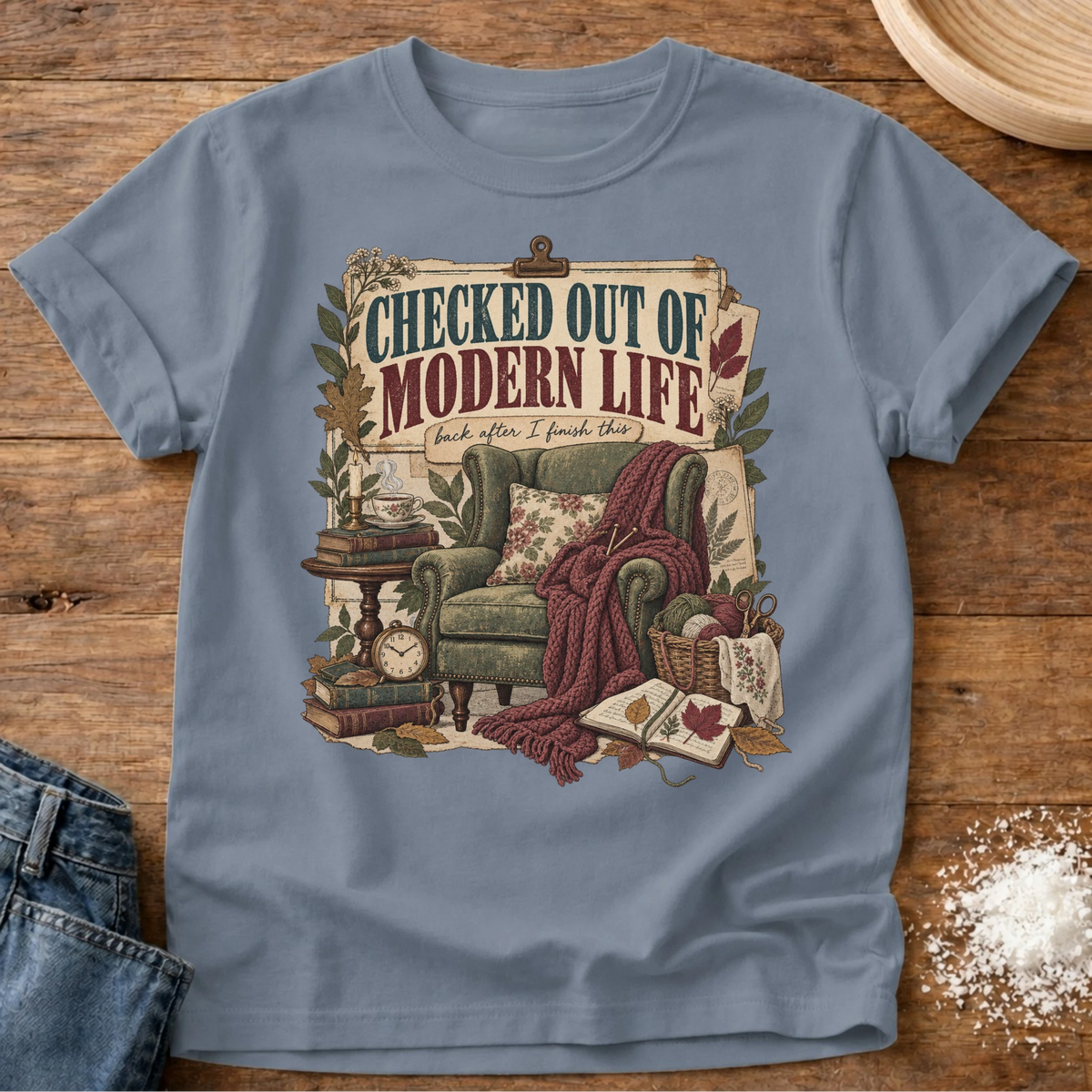 Knead More Fun Checked Out graphic t-shirt in Blue Jean