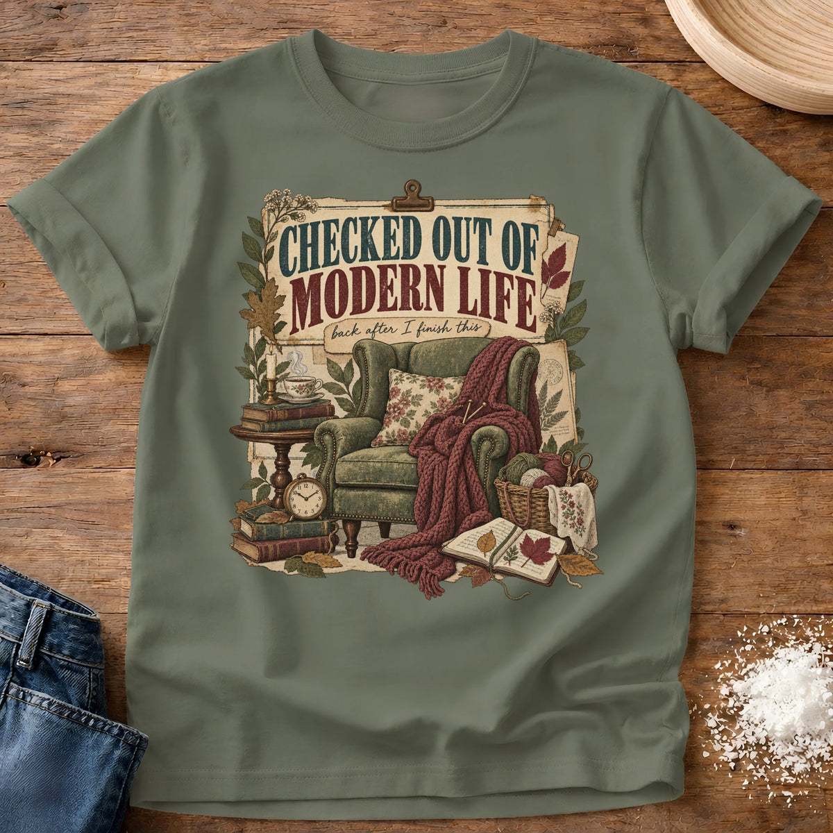Knead More Fun Checked Out graphic t-shirt in Moss