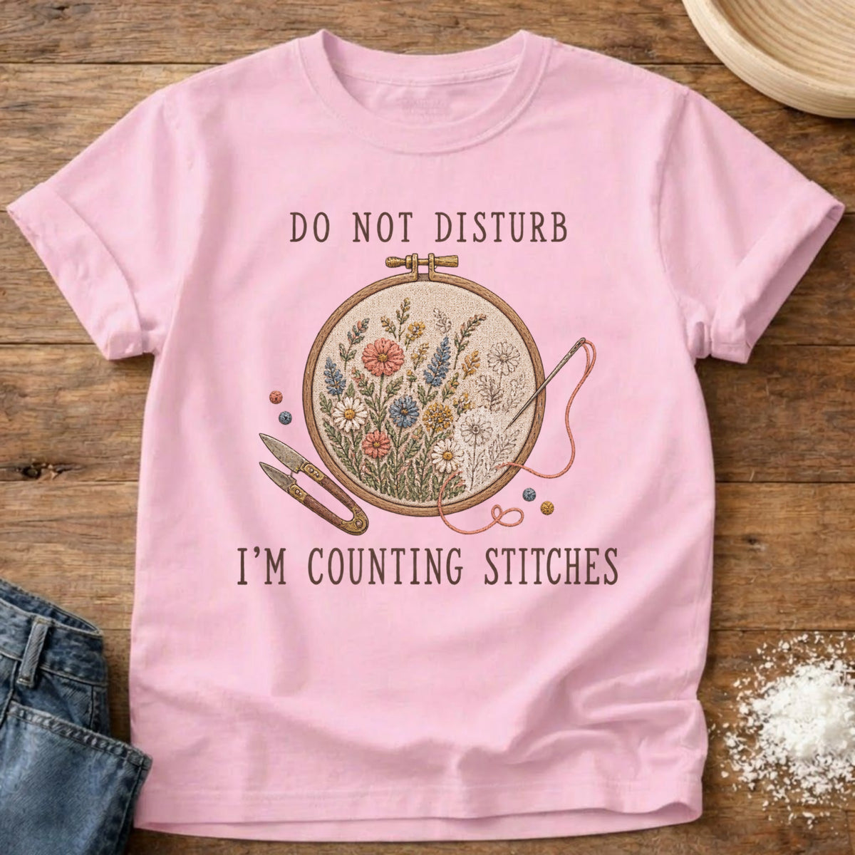 Knead More Fun Counting Stitches Embroidery graphic t-shirt in Blossom