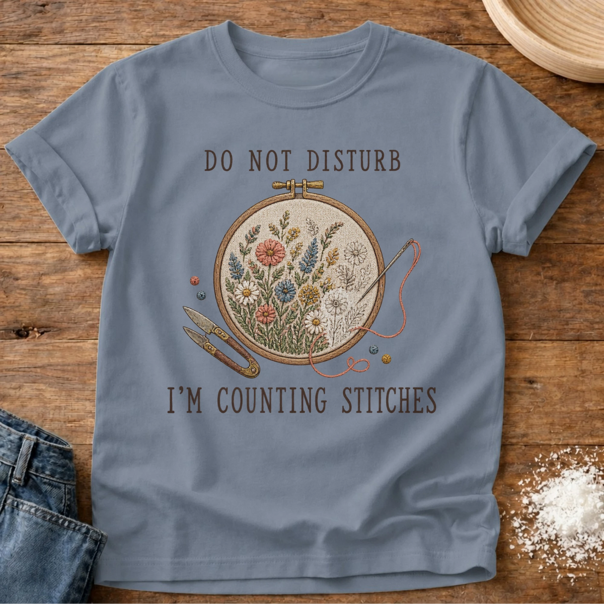 Knead More Fun Counting Stitches Embroidery graphic t-shirt in Blue Jean