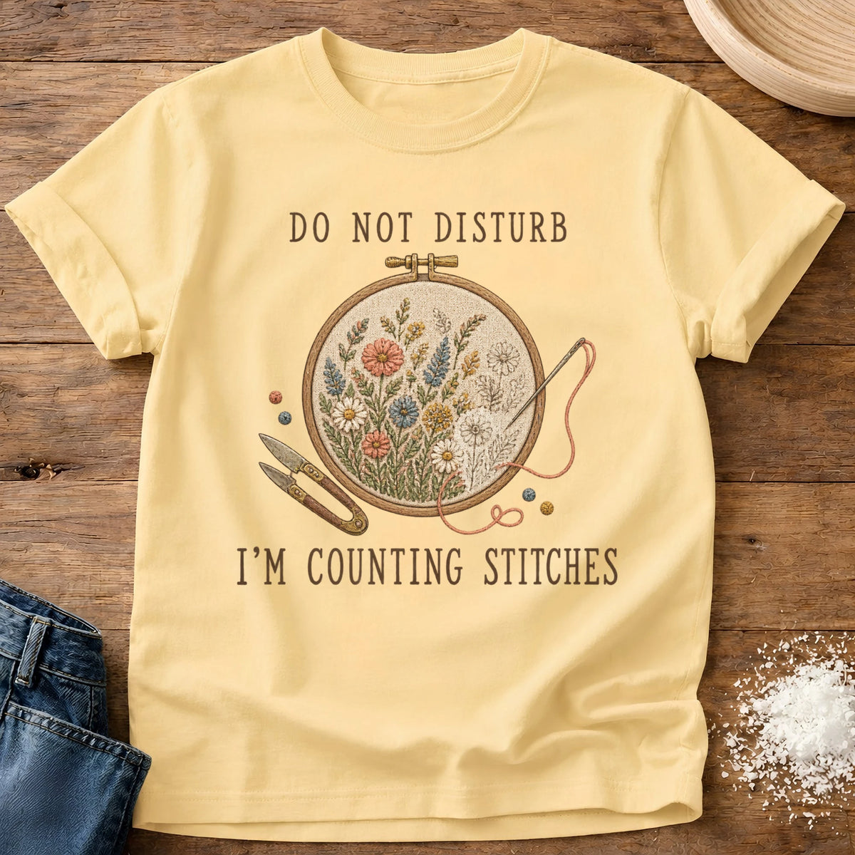 Knead More Fun Counting Stitches Embroidery graphic t-shirt in Butter