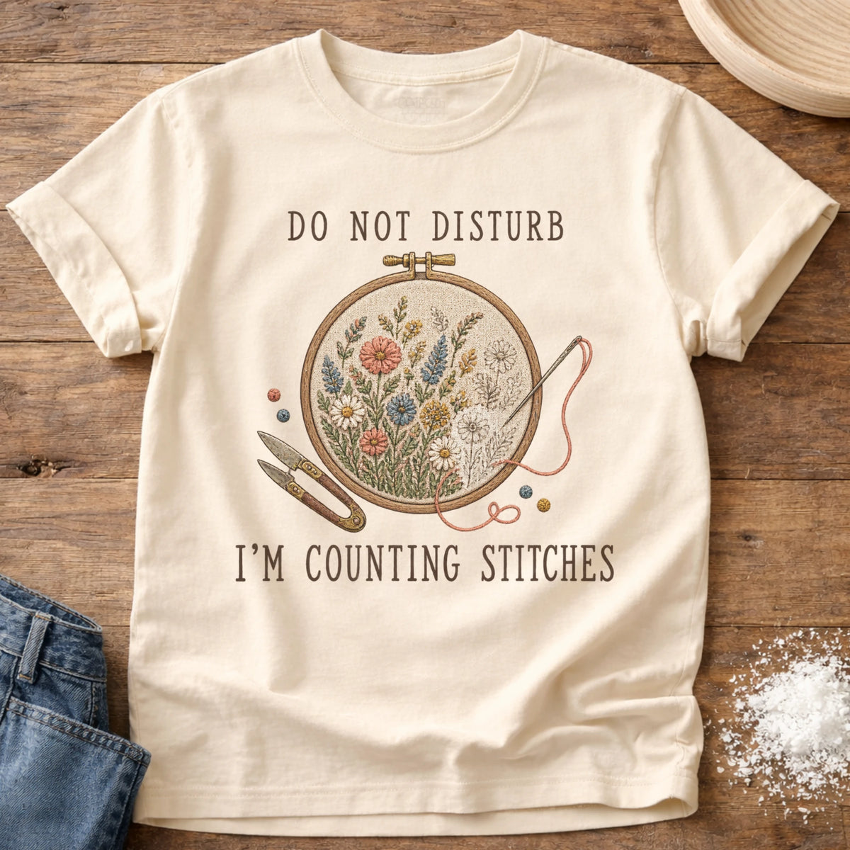 Knead More Fun Counting Stitches Embroidery graphic t-shirt in Ivory