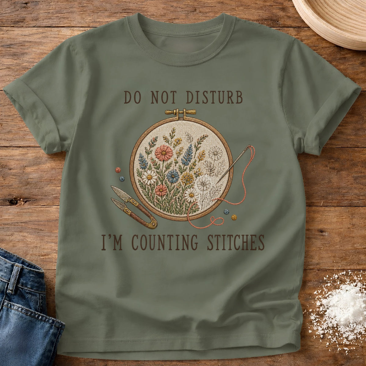 Knead More Fun Counting Stitches Embroidery graphic t-shirt in Moss