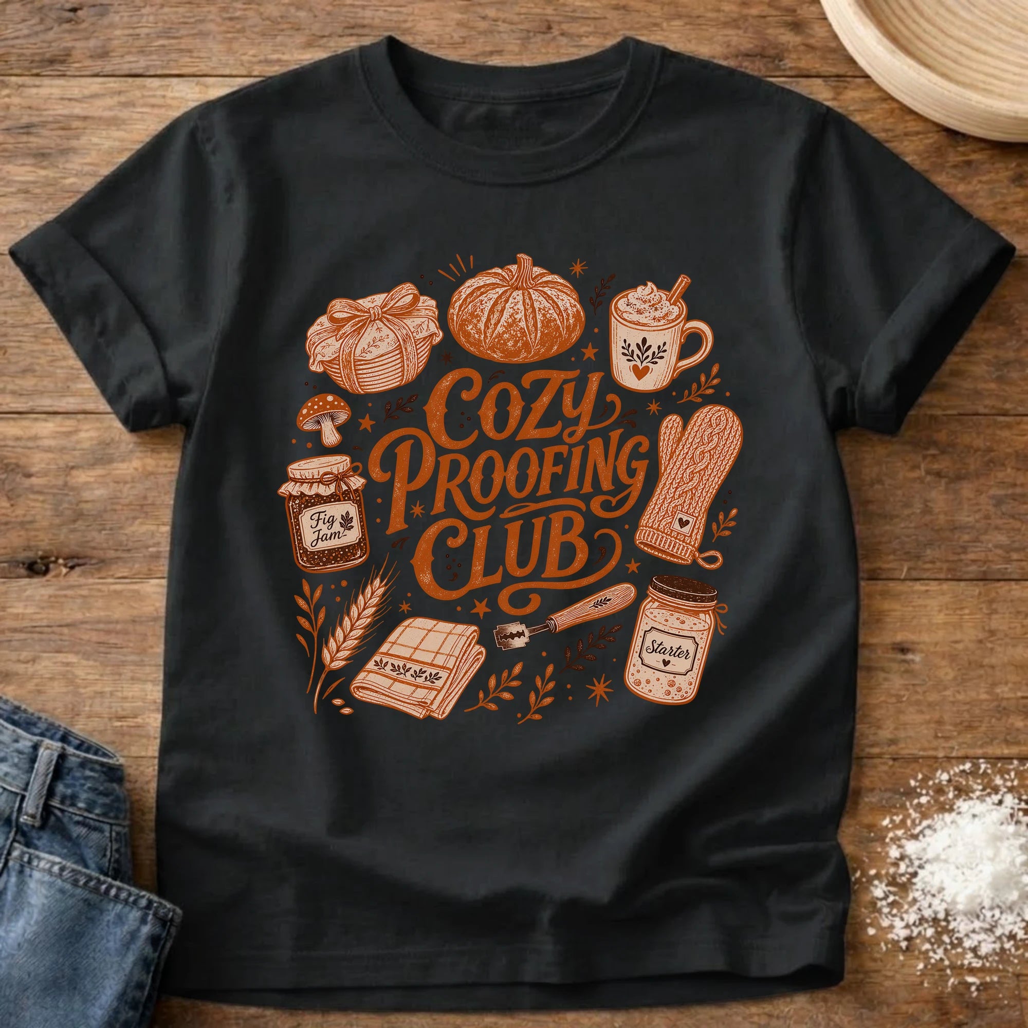Knead More Fun Cozy Proofing Club sourdough t-shirt in Black