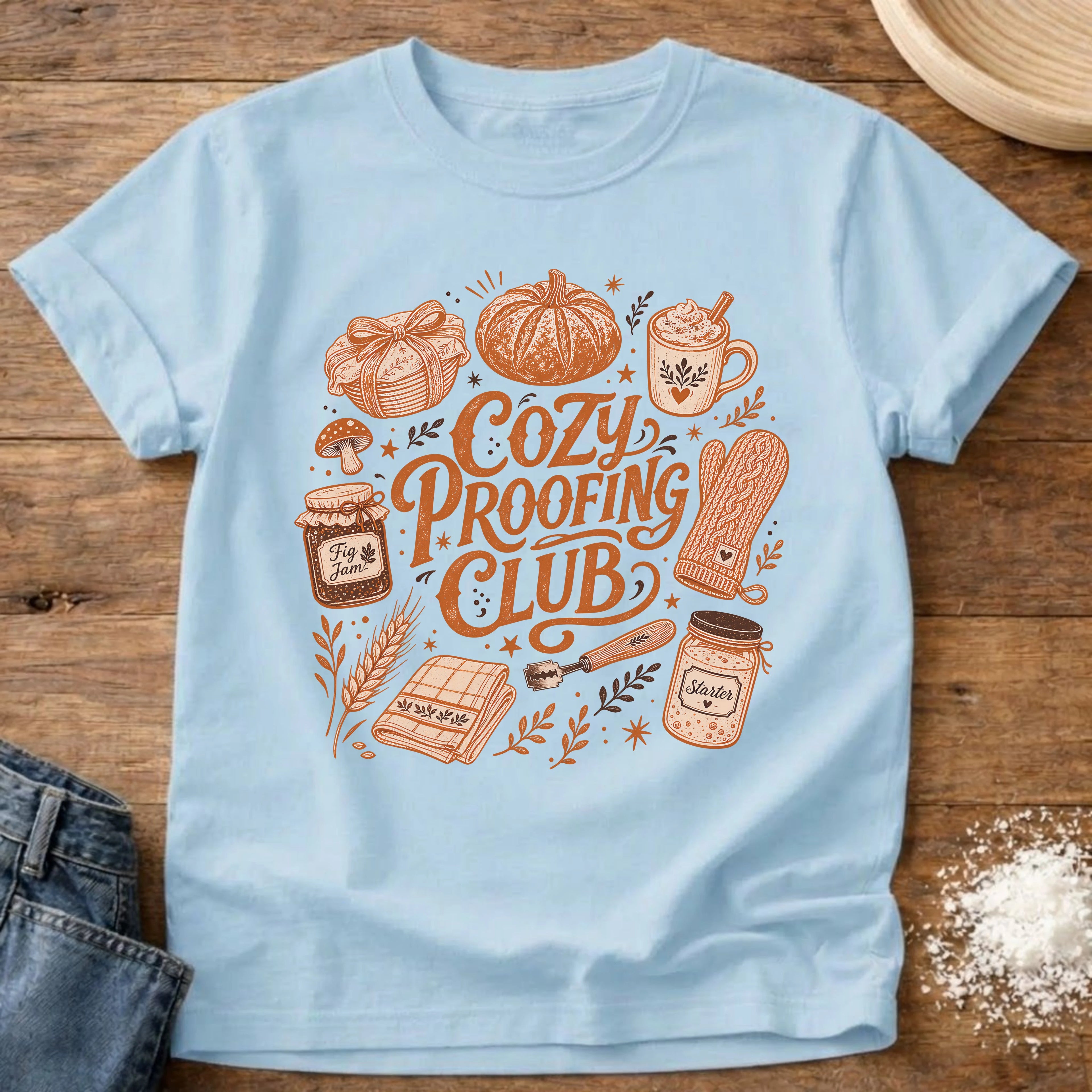Knead More Fun Cozy Proofing Club sourdough t-shirt in Chambray