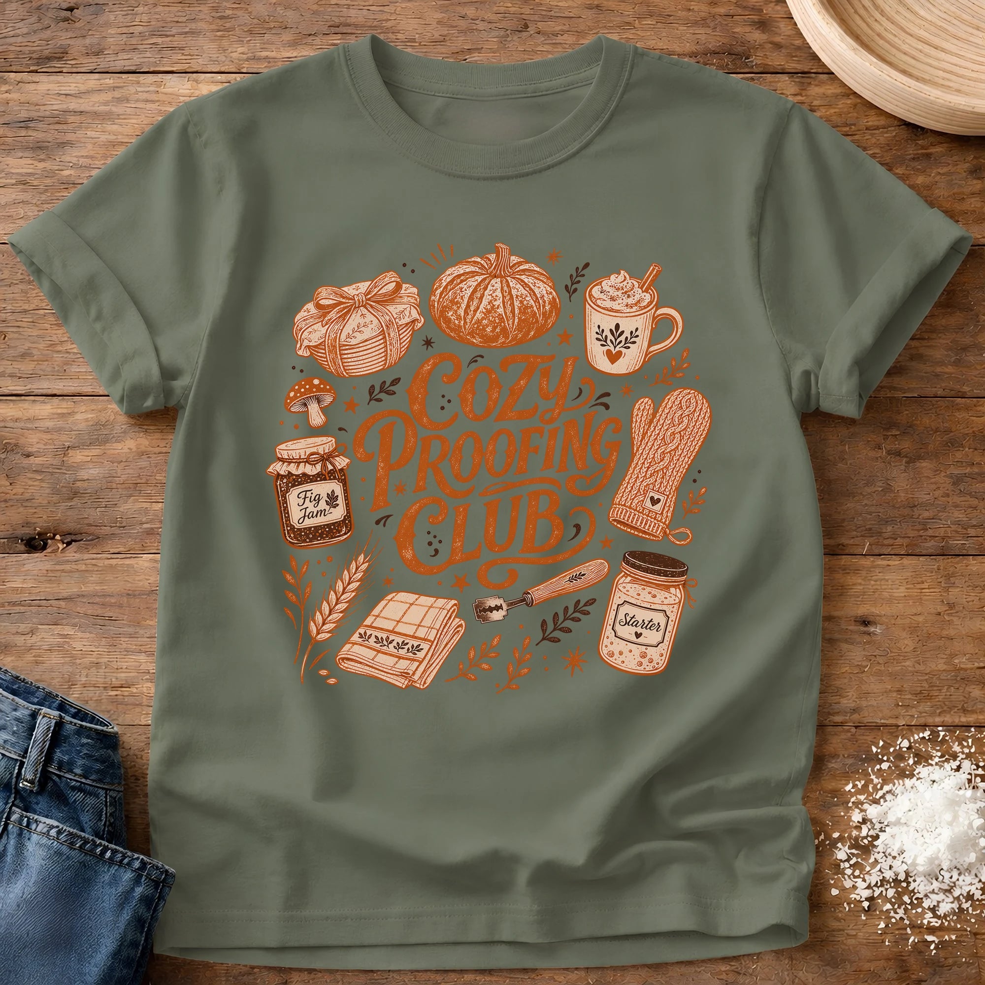Knead More Fun Cozy Proofing Club sourdough t-shirt in Moss