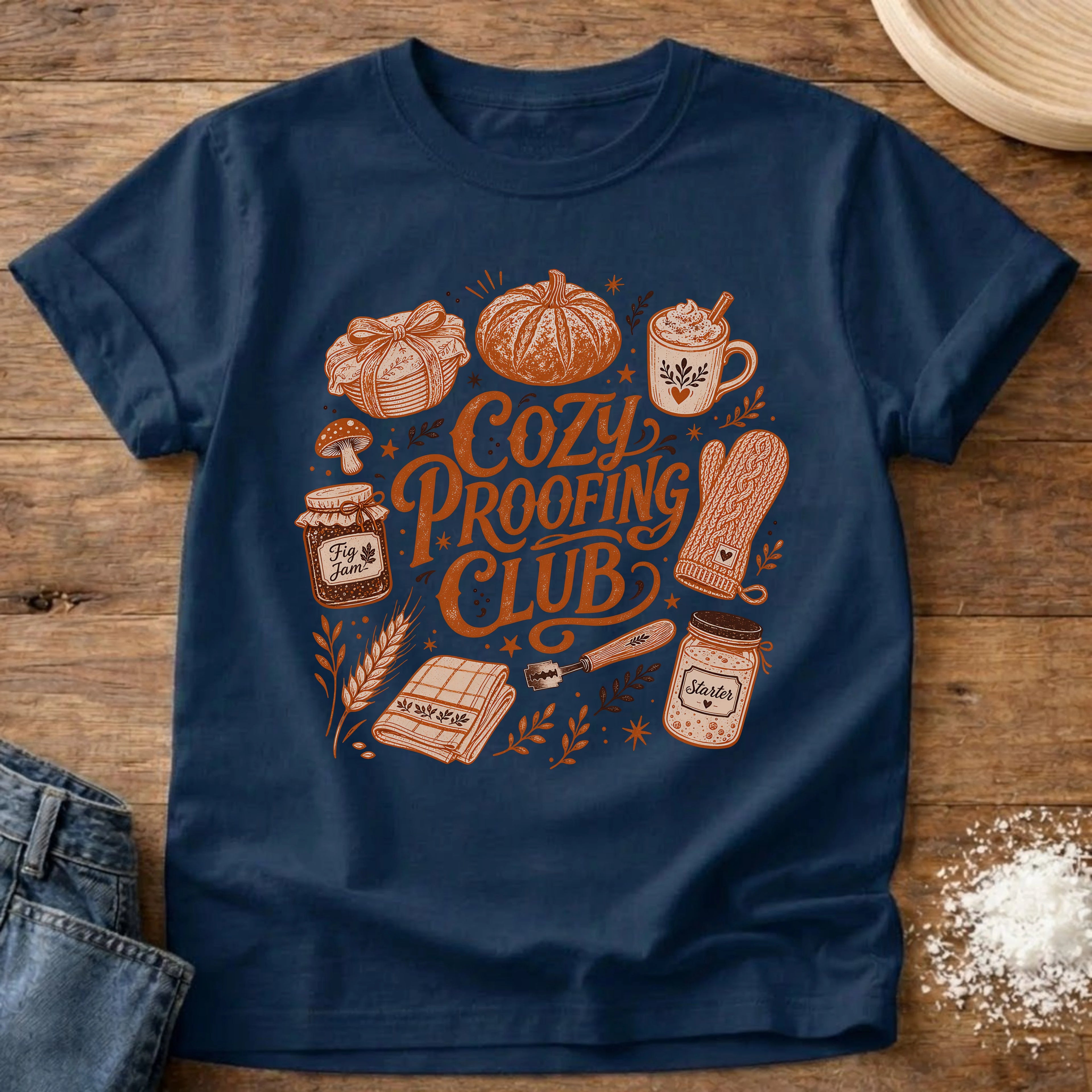 Knead More Fun Cozy Proofing Club sourdough t-shirt in Navy