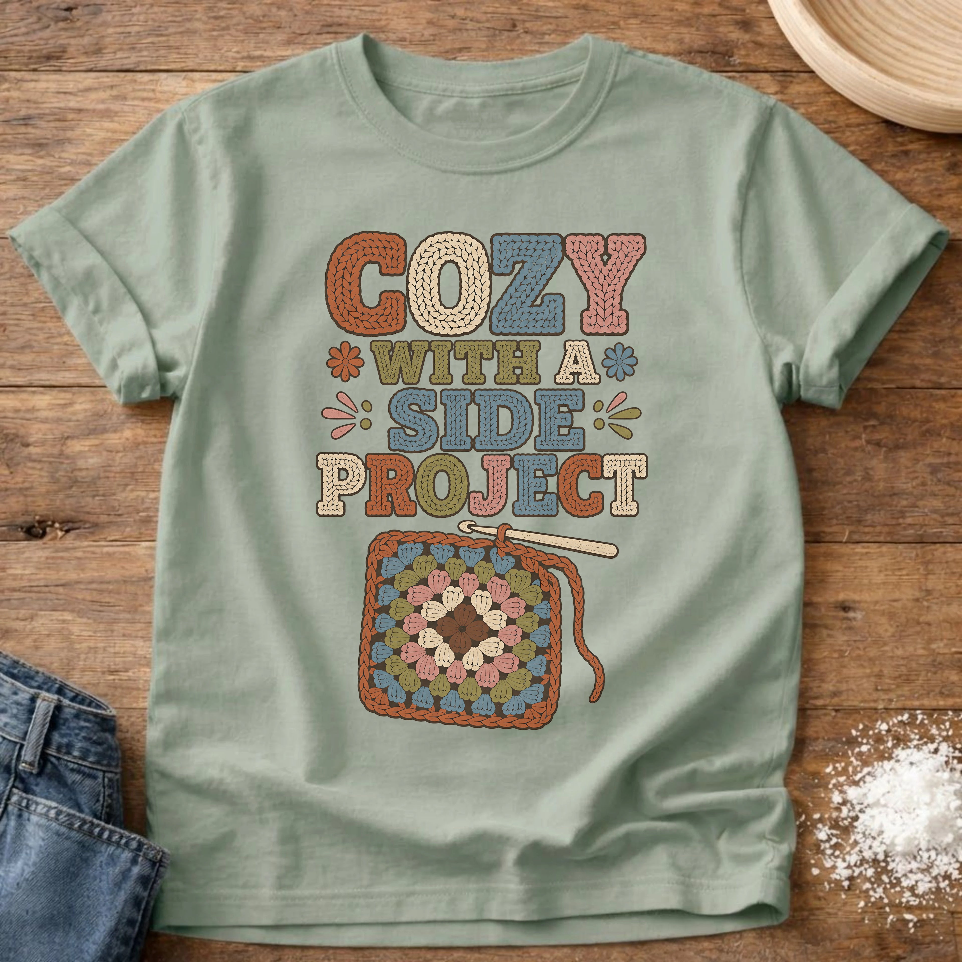 Knead More Fun Cozy With A Side Project crochet t-shirt in Bay