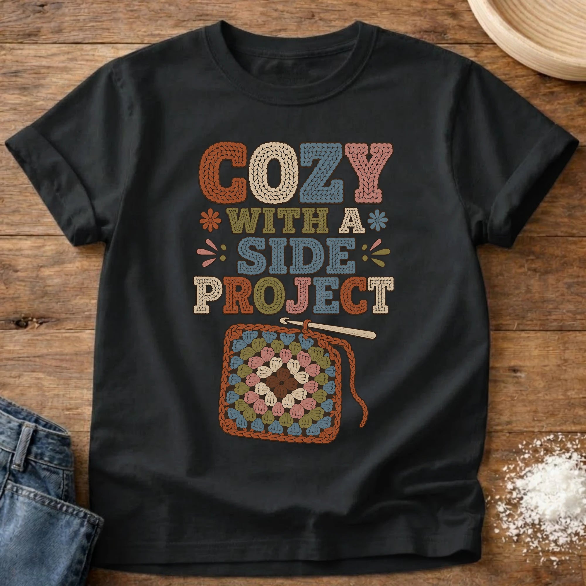 Knead More Fun Cozy With A Side Project crochet t-shirt in Black