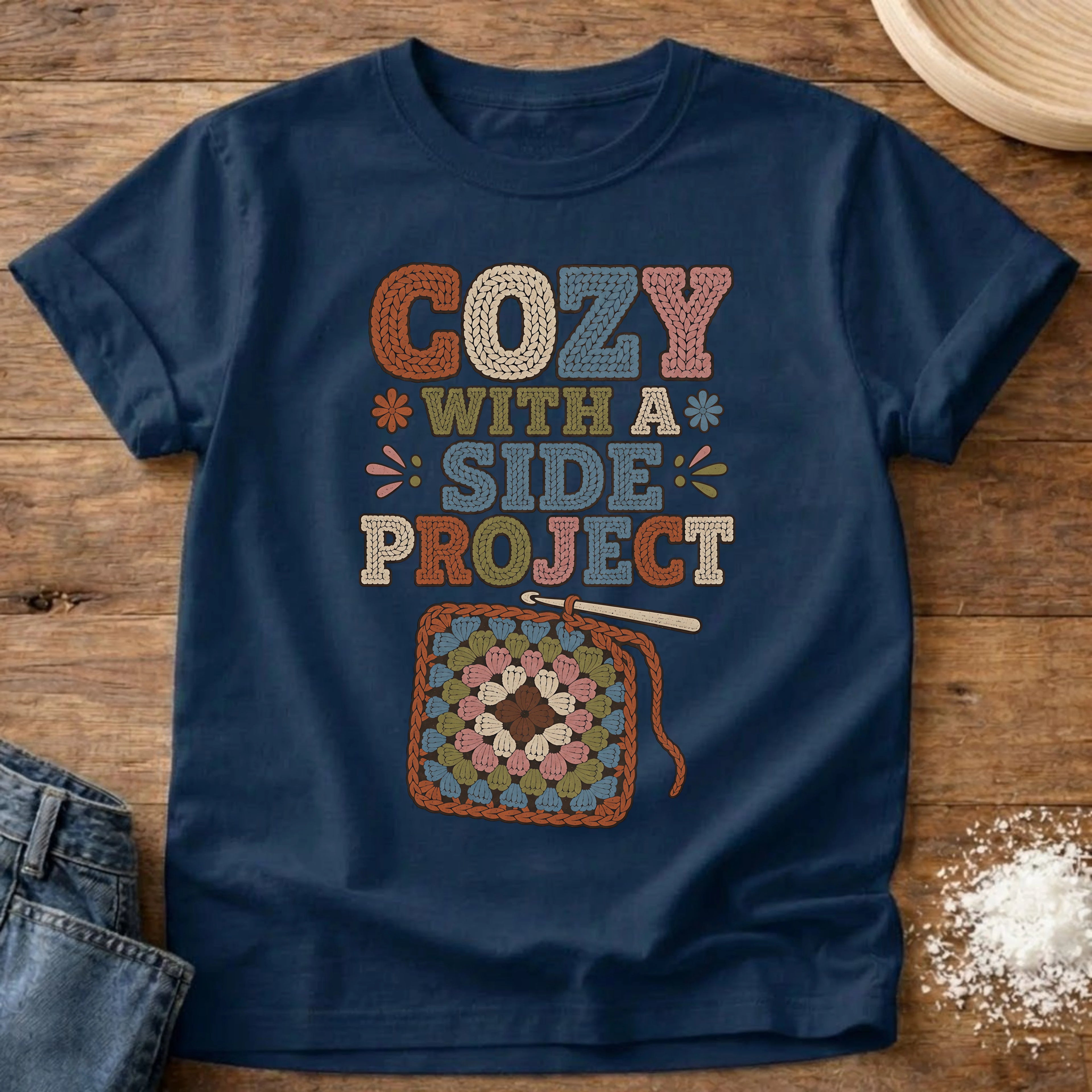 Knead More Fun Cozy With A Side Project crochet t-shirt in Navy