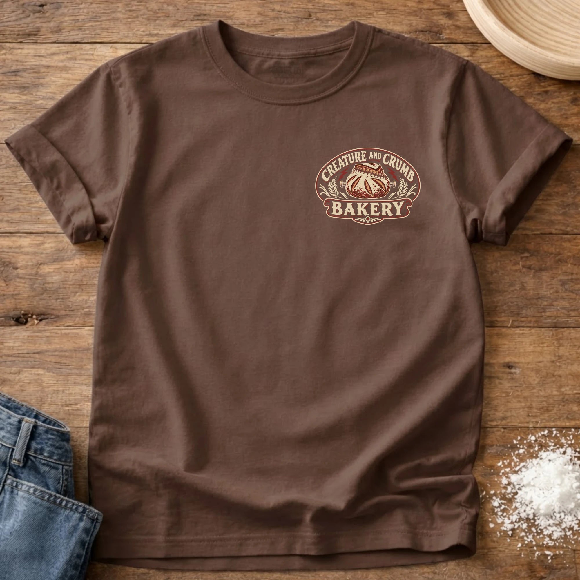 Knead More Fun Creature and Crumb Bakery sourdough t-shirt in Espresso
