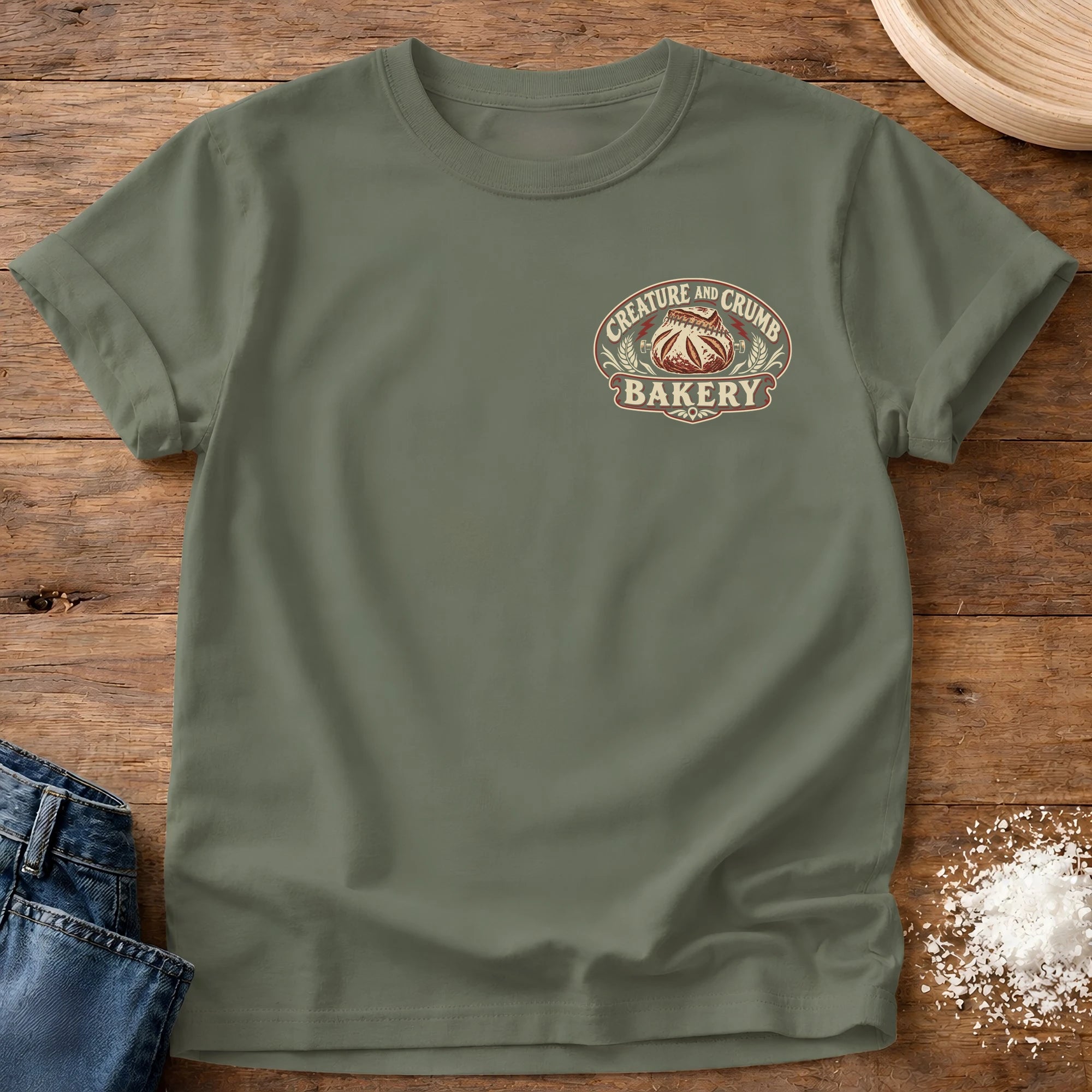 Knead More Fun Creature and Crumb Bakery sourdough t-shirt in Moss