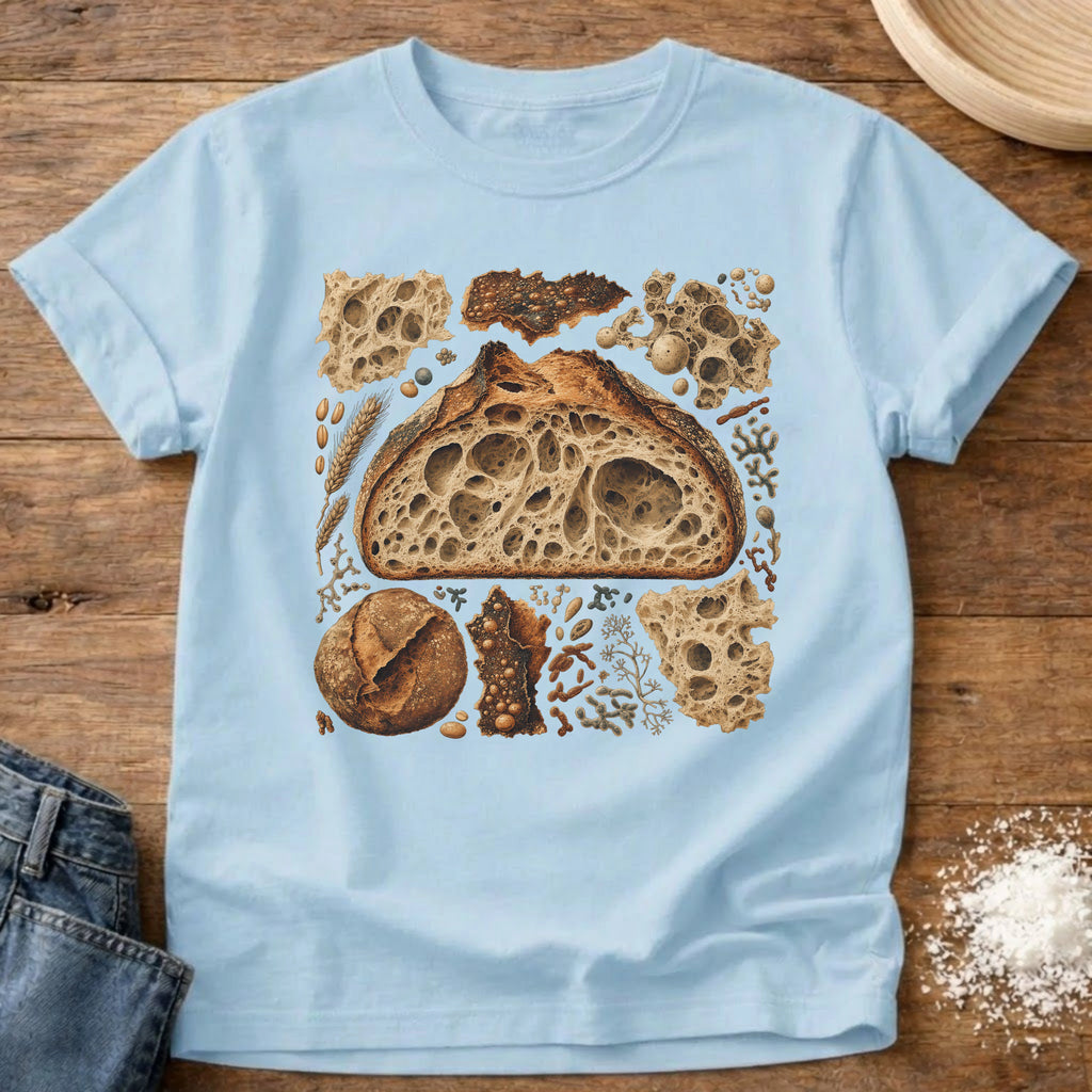 Knead More Fun Crumb Shot open crumb sourdough t-shirt in Chambray