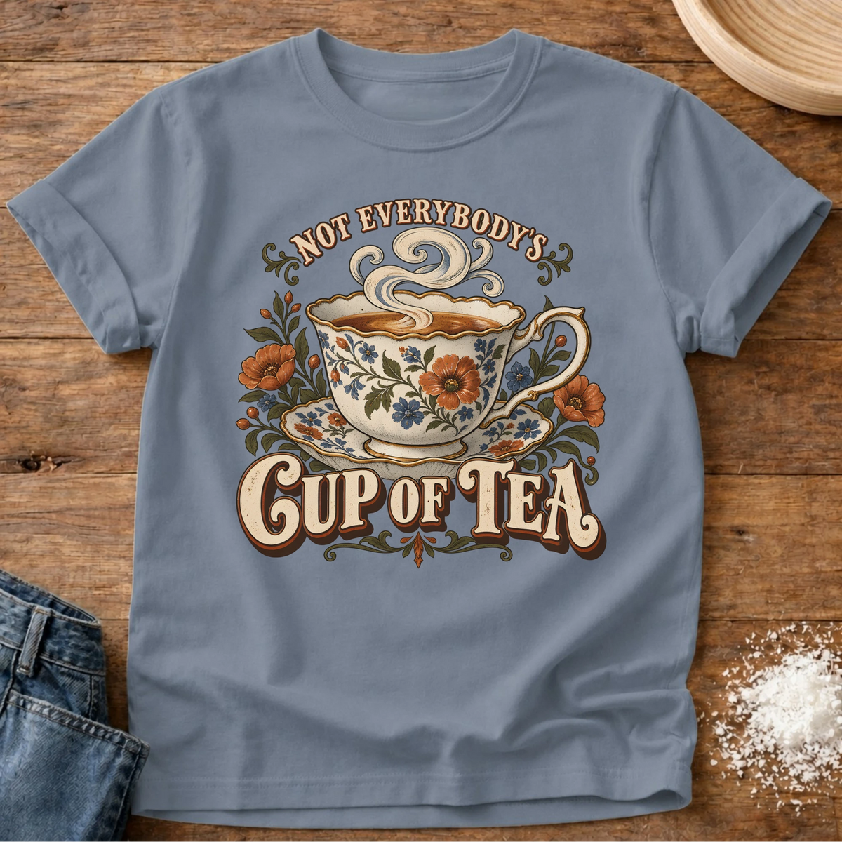 Knead More Fun Cup Of Tea grannycore t-shirt in Blue Jean