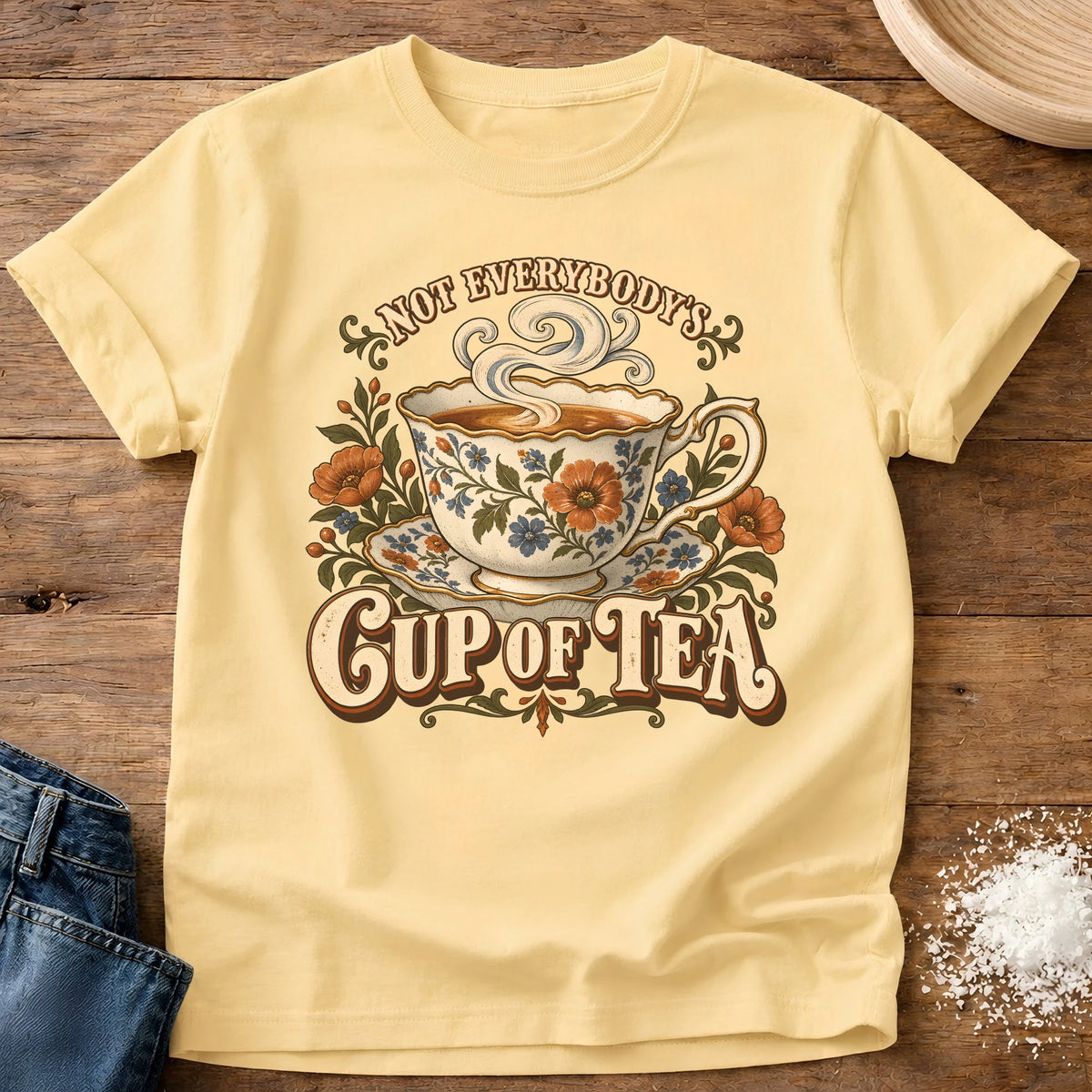 Knead More Fun Cup Of Tea grannycore t-shirt in Butter