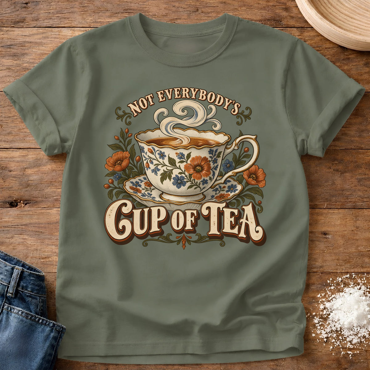 Knead More Fun Cup Of Tea grannycore t-shirt in Moss
