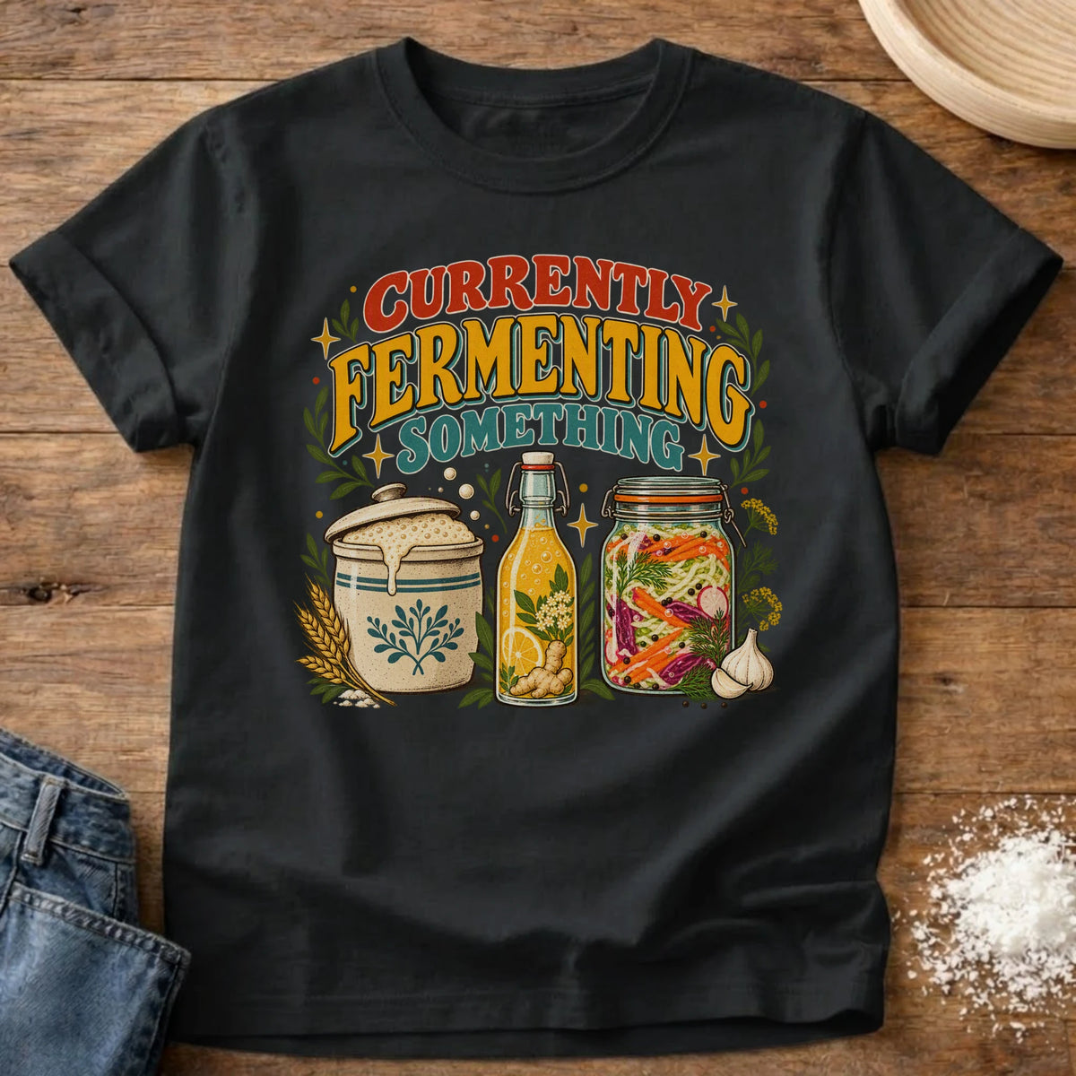 Knead More Fun Currently Fermenting graphic t-shirt in Black