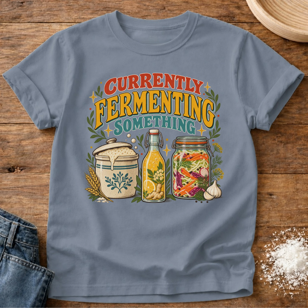 Knead More Fun Currently Fermenting graphic t-shirt in Blue Jean