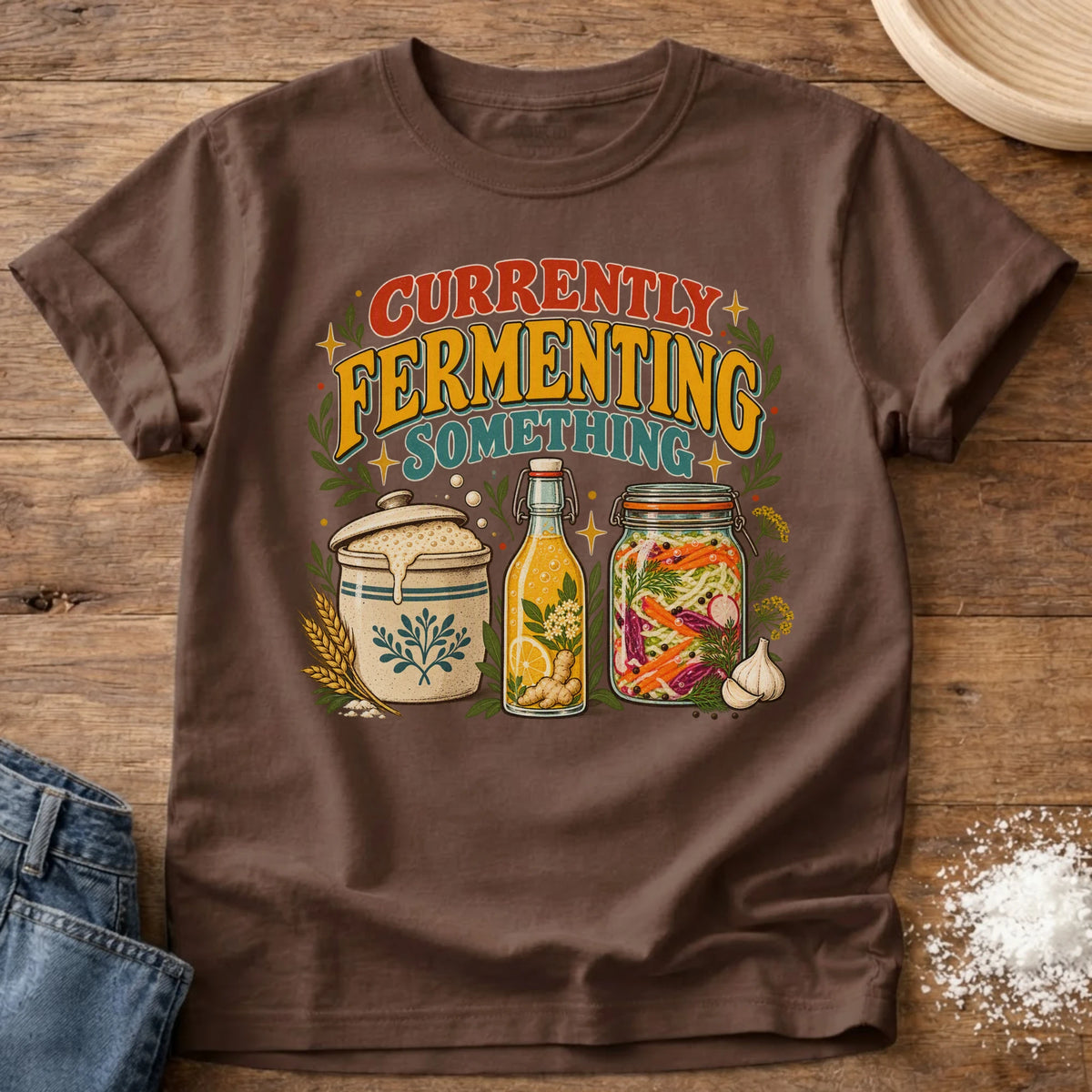 Knead More Fun Currently Fermenting graphic t-shirt in Espresso