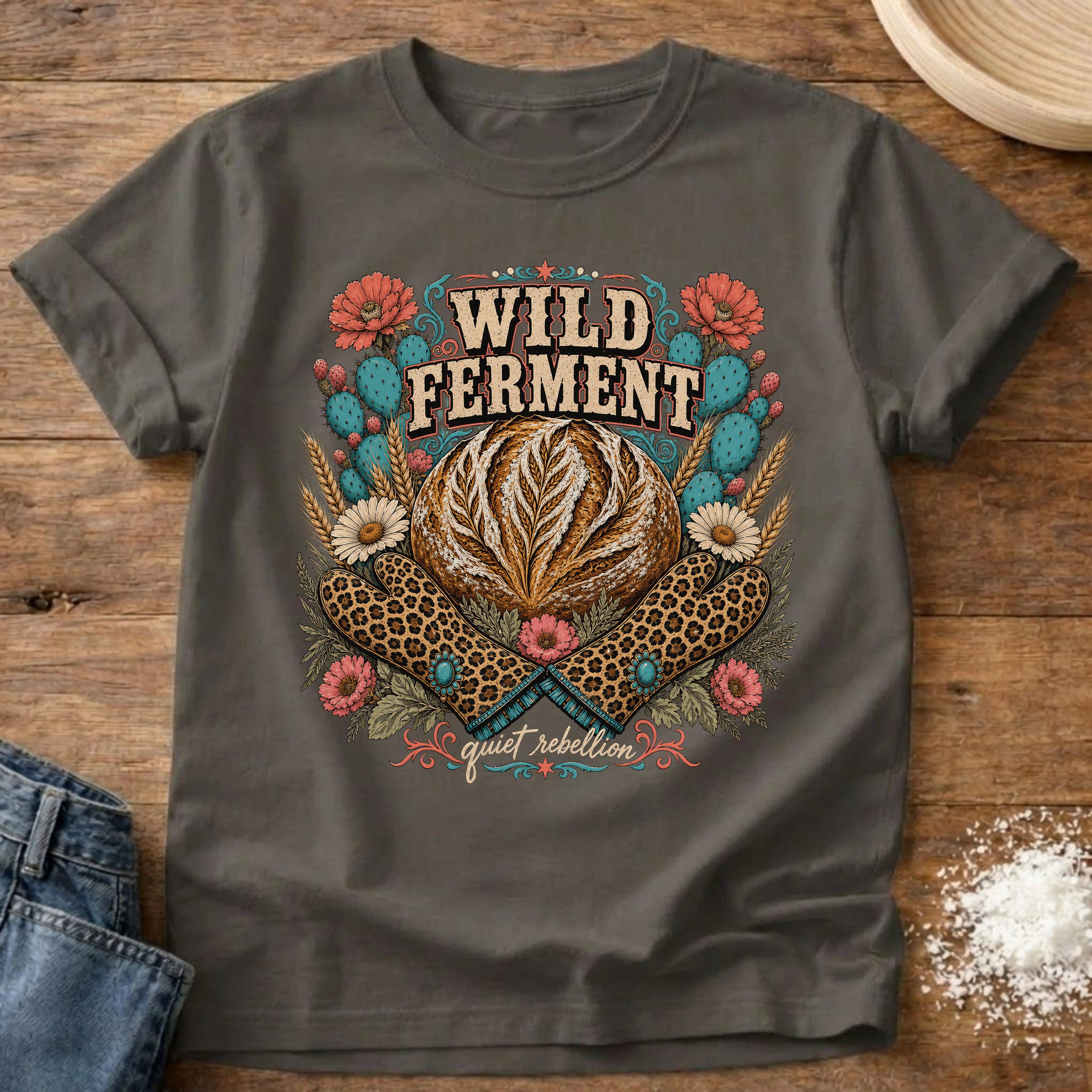 Knead More Fun Desert Wild Ferment sourdough t-shirt in Pepper