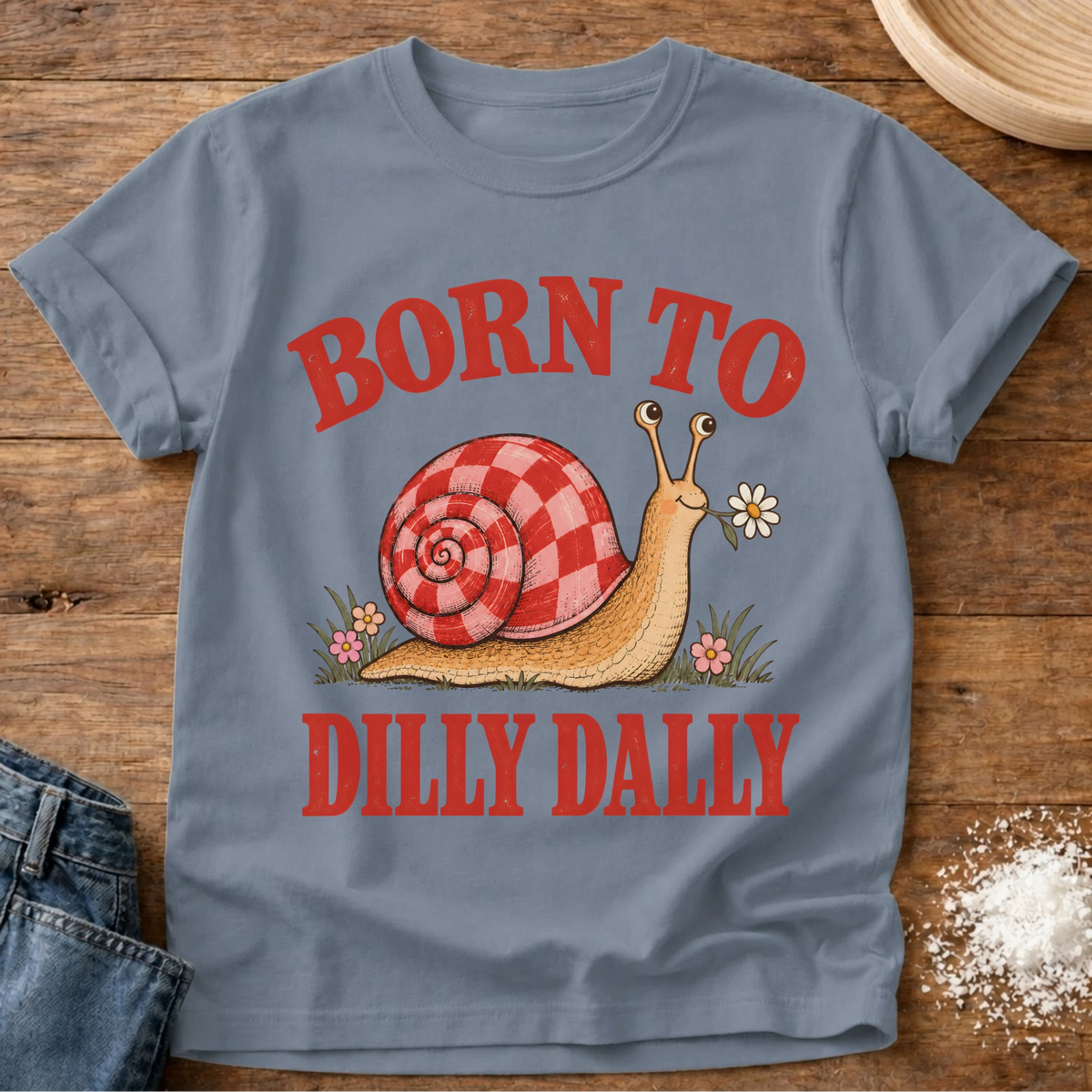 Knead More Fun Dilly Dally Snail snail t-shirt in Blue Jean