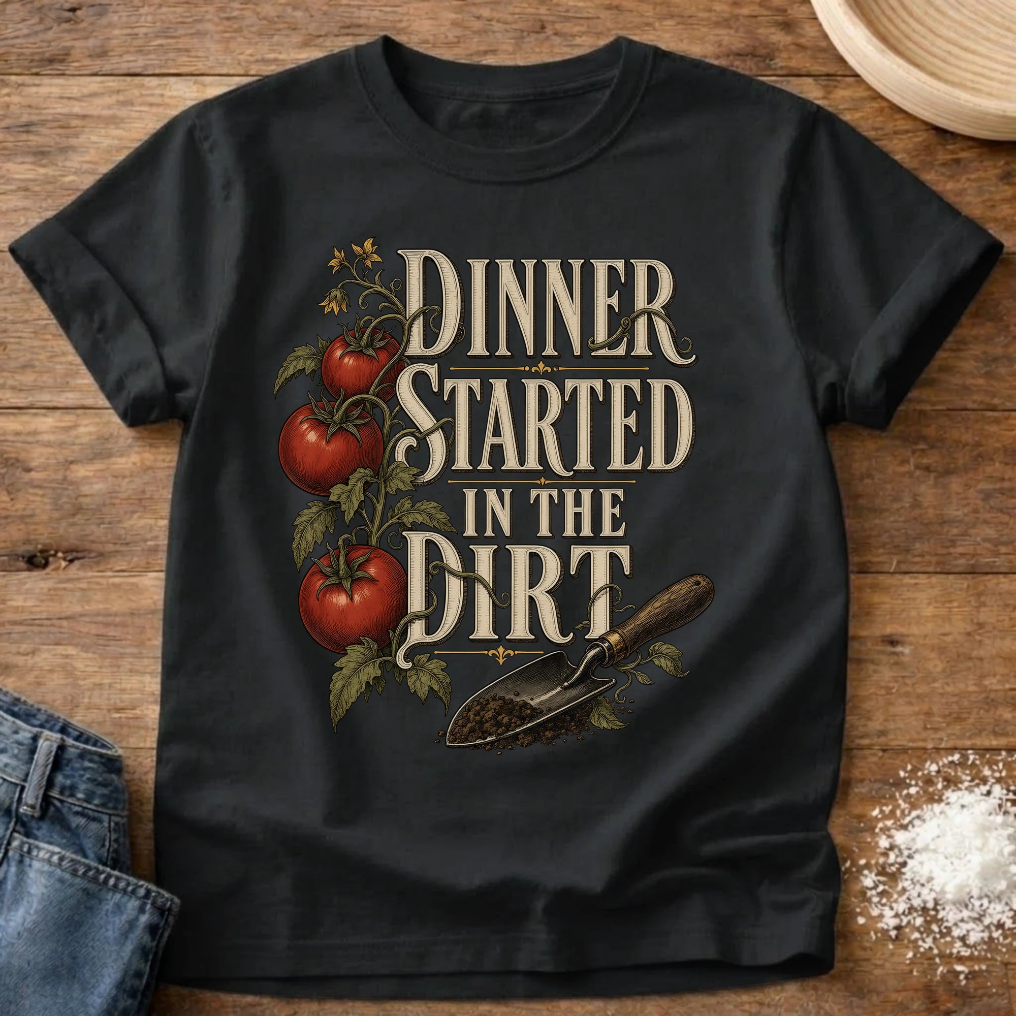 Knead More Fun dinner started in the dirt garden t-shirt in Black