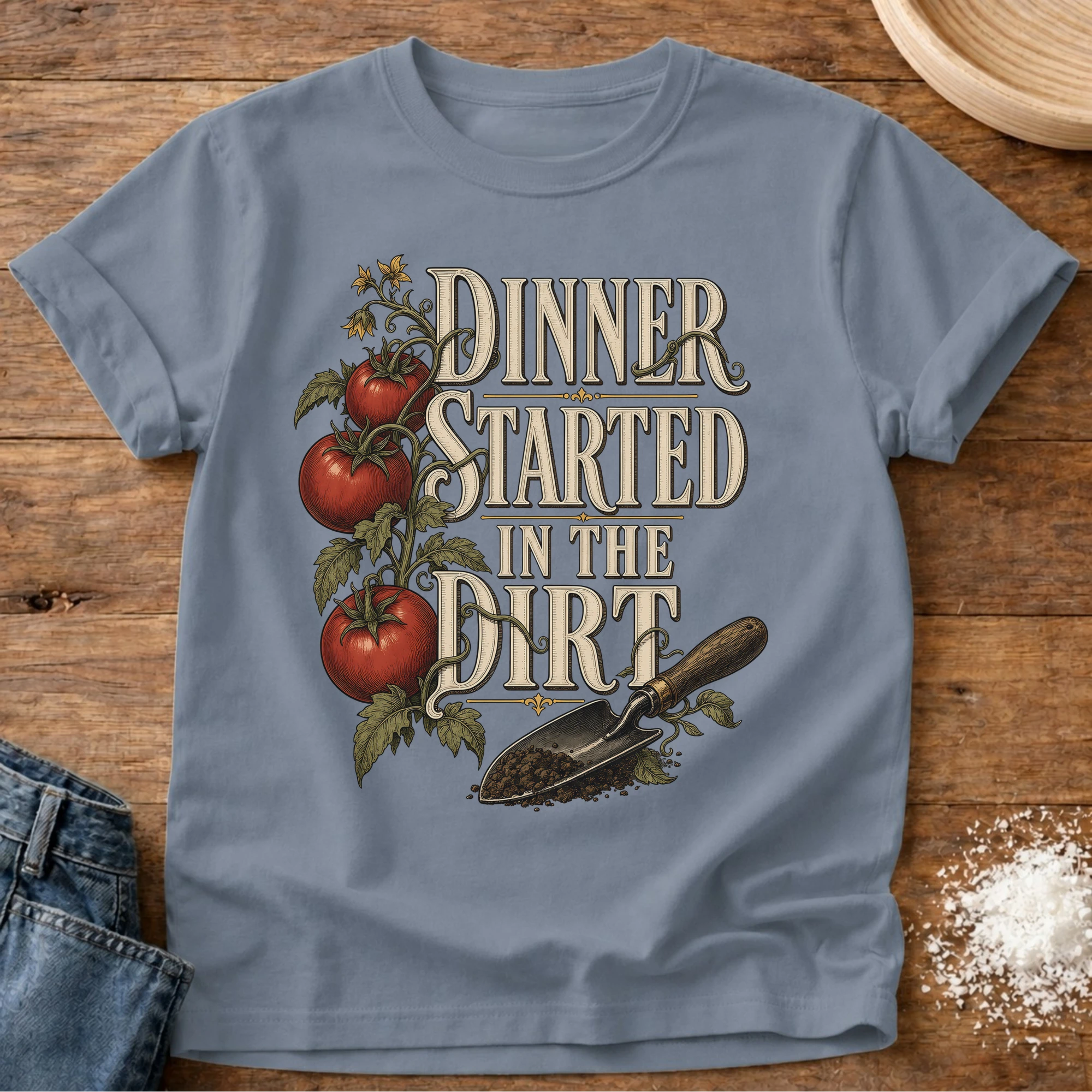 Knead More Fun dinner started in the dirt garden t-shirt in Blue Jean