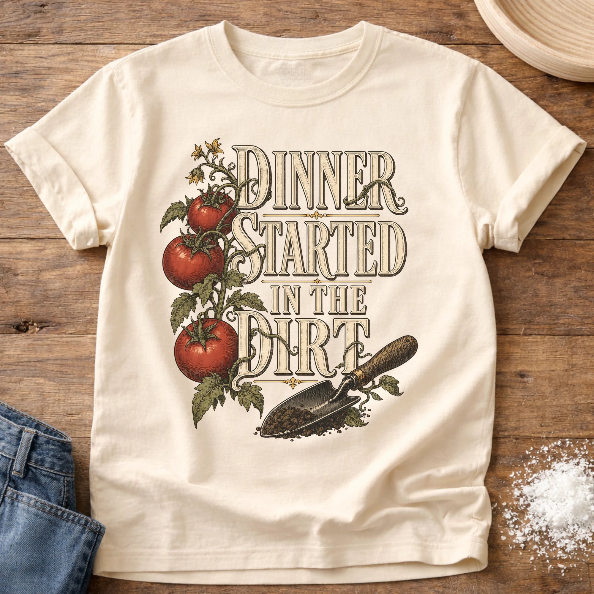 Knead More Fun dinner started in the dirt garden t-shirt in Ivory