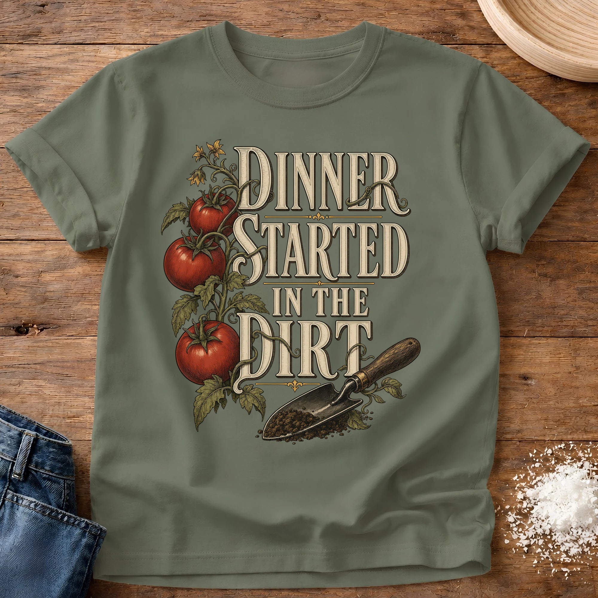 Knead More Fun dinner started in the dirt garden t-shirt in Moss