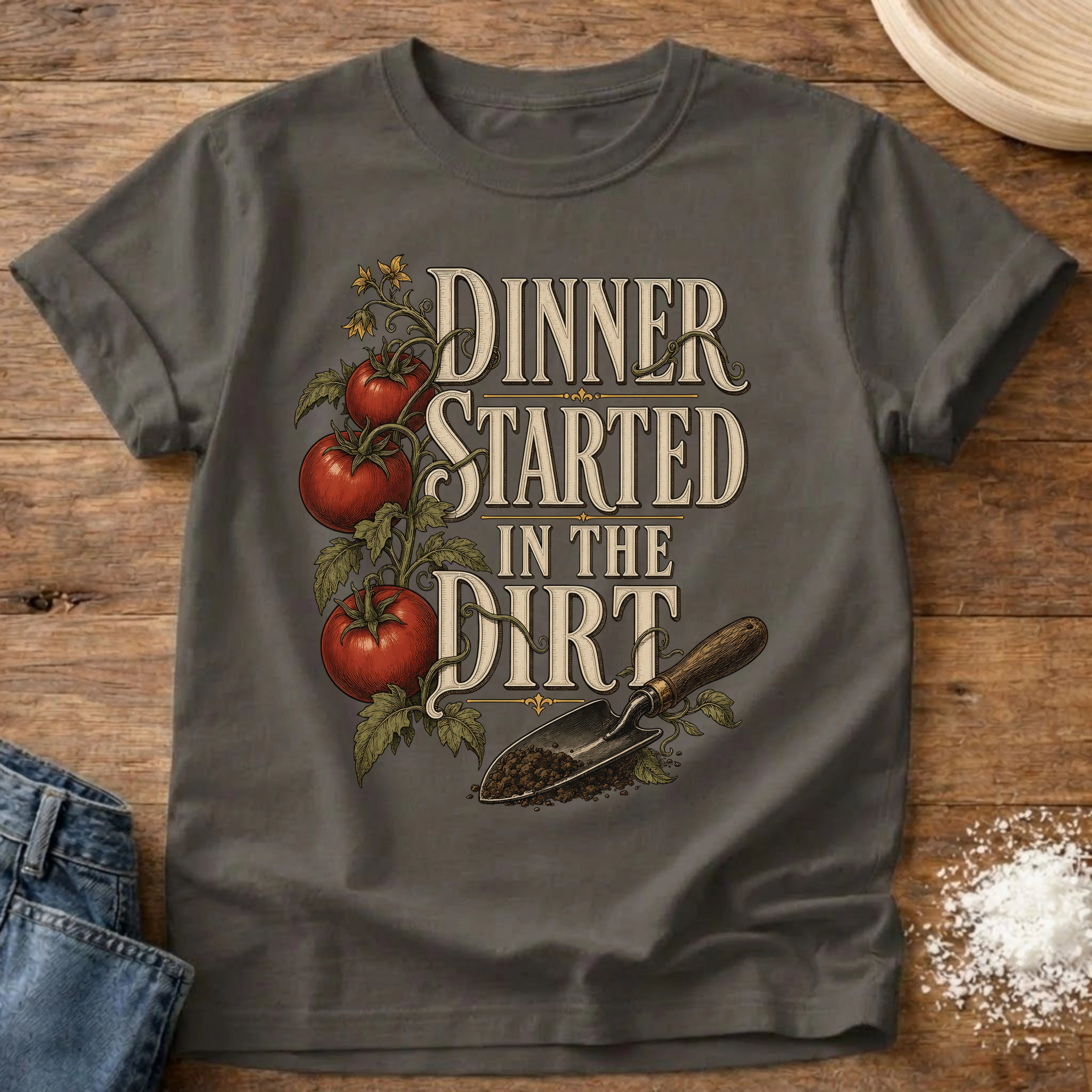 Knead More Fun dinner started in the dirt garden t-shirt in Pepper