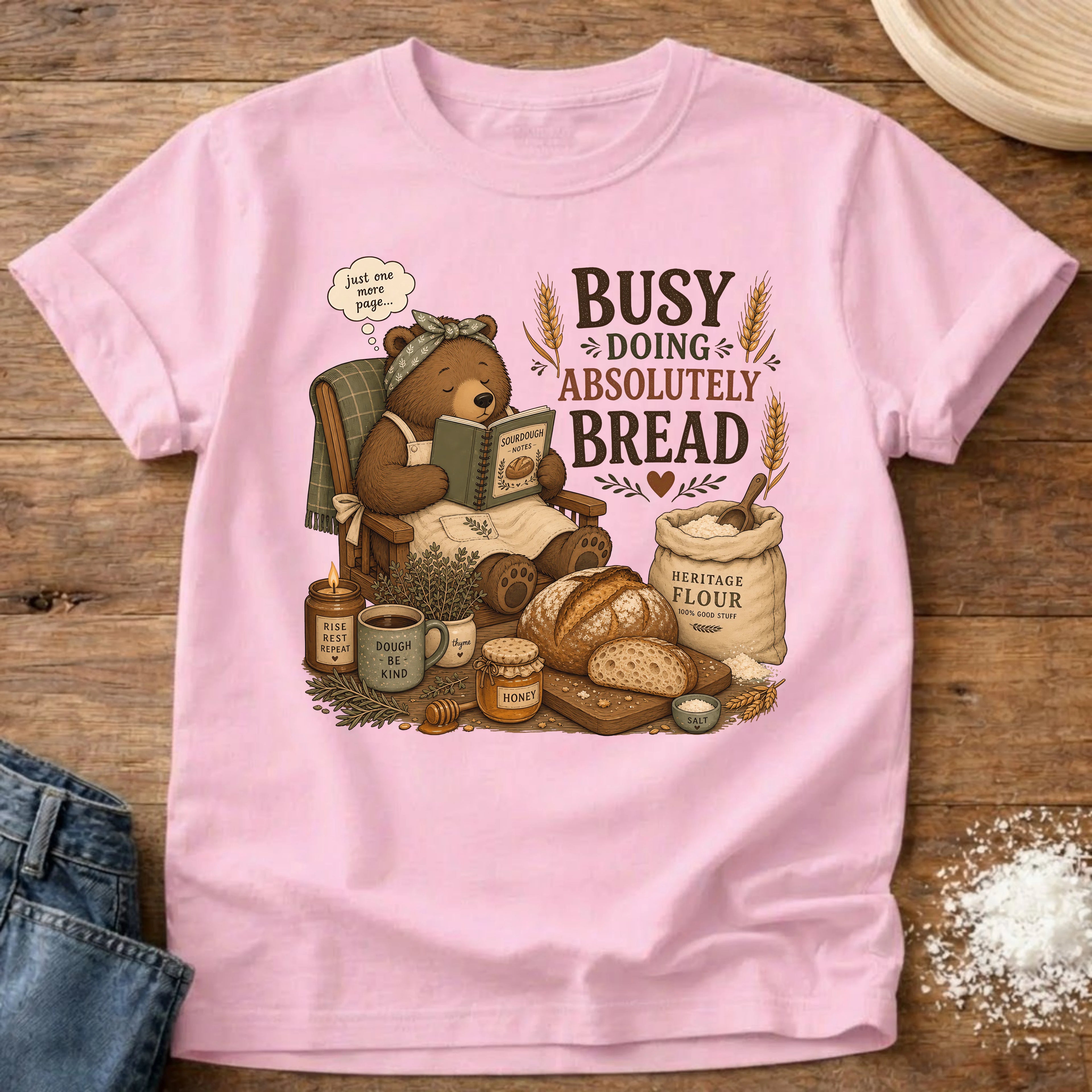 Knead More Fun Doing Absolutely Bread Bear sourdough t-shirt in Blossom