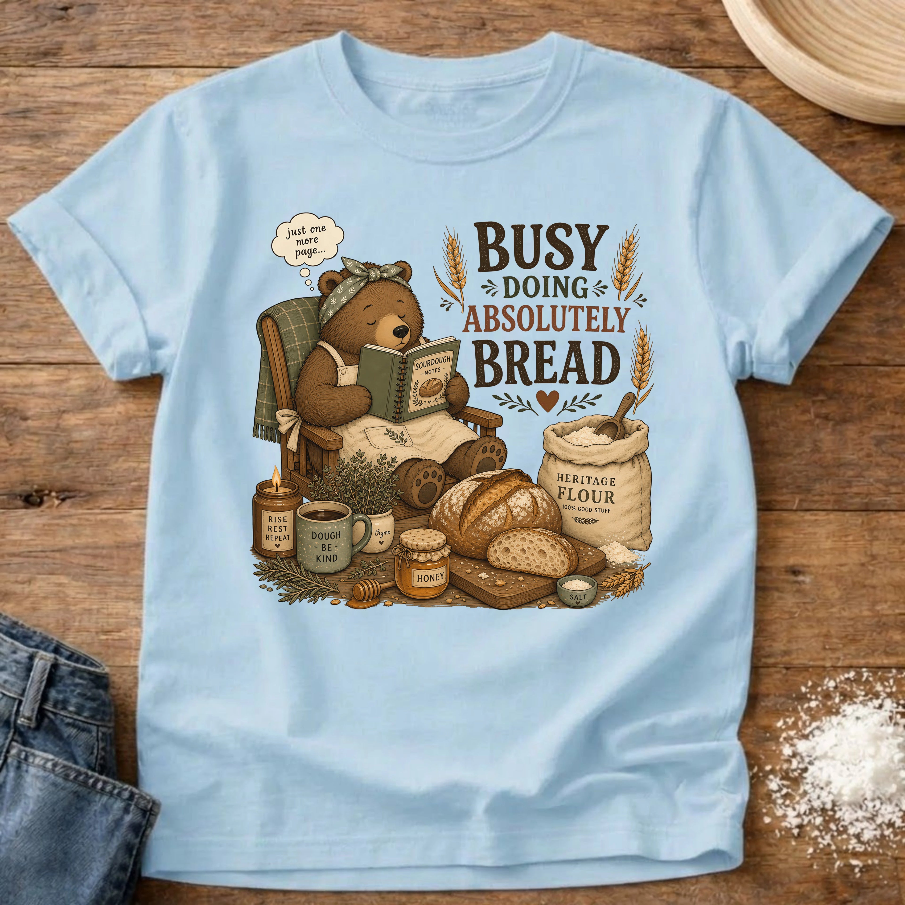 Knead More Fun Doing Absolutely Bread Bear sourdough t-shirt in Chambray