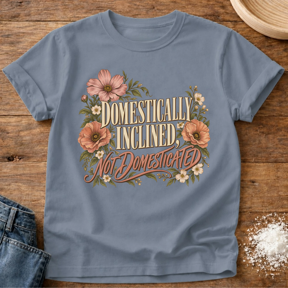 Knead More Fun Domestically Inclined grannycore t-shirt in Blue Jean