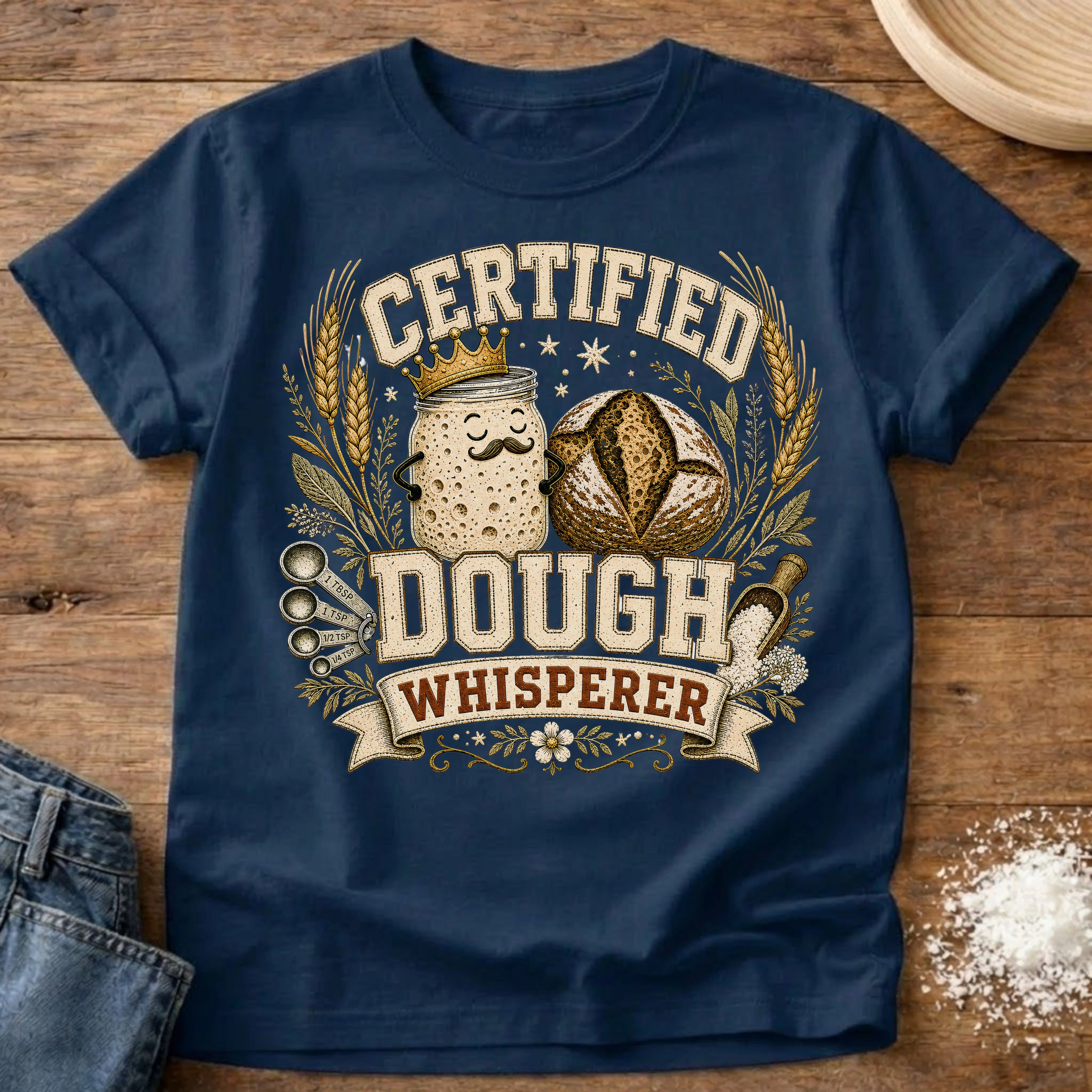 Knead More Fun Dough Whisperer sourdough t-shirt in Navy